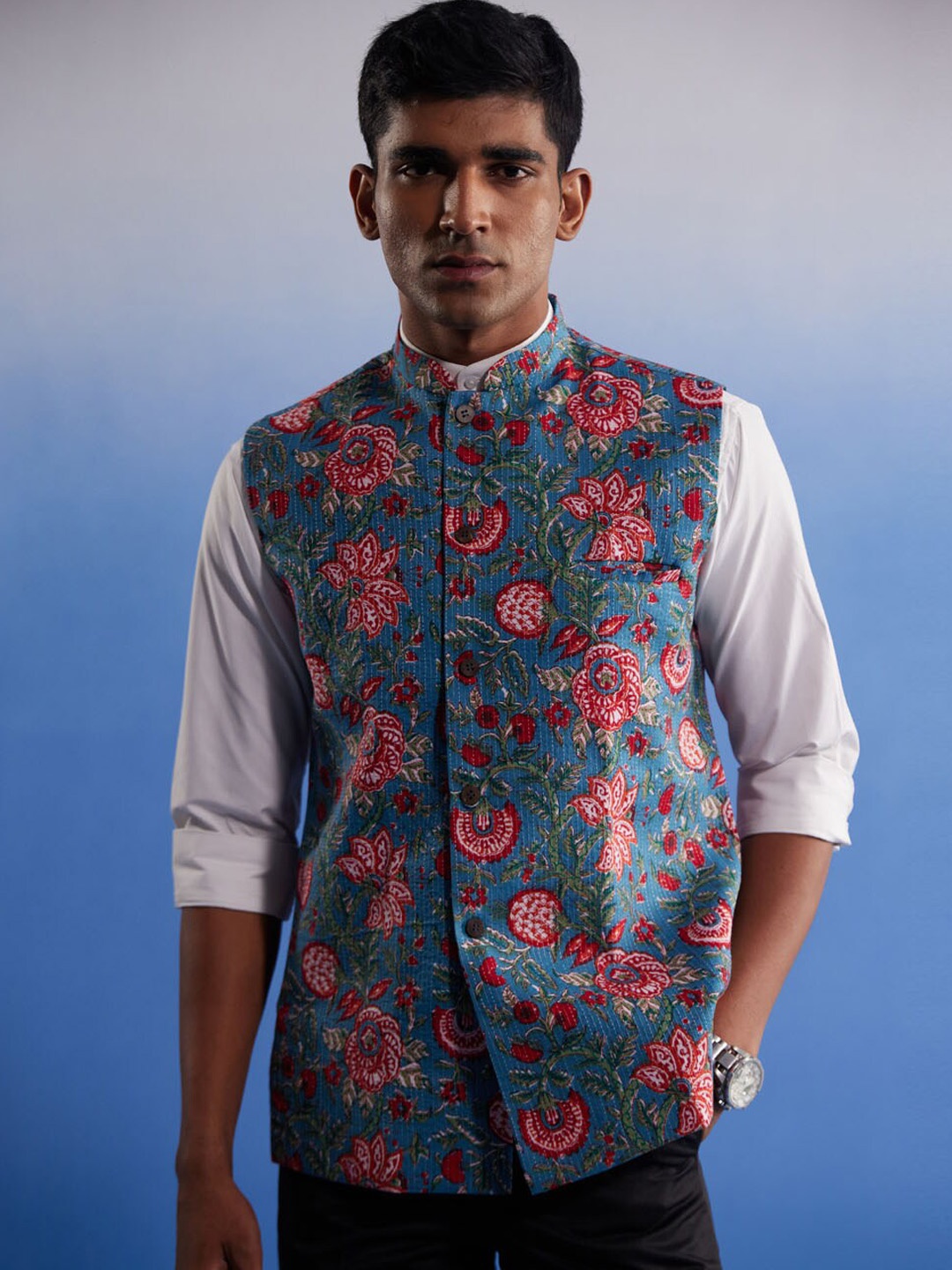 

VASTRAMAY Printed Cotton Nehru Jacket, Blue