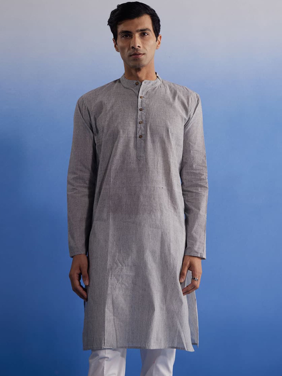 

VASTRAMAY Straight Band Collar Cotton Kurta, Grey