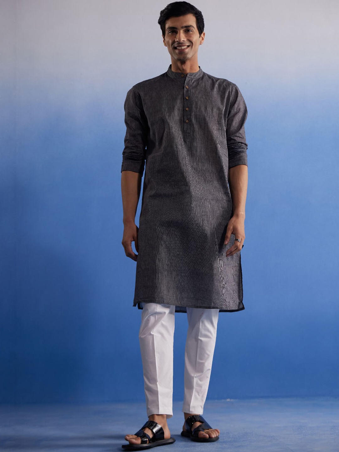 

VASTRAMAY Band Collar Regular Pure Cotton Kurta With Trousers, Grey