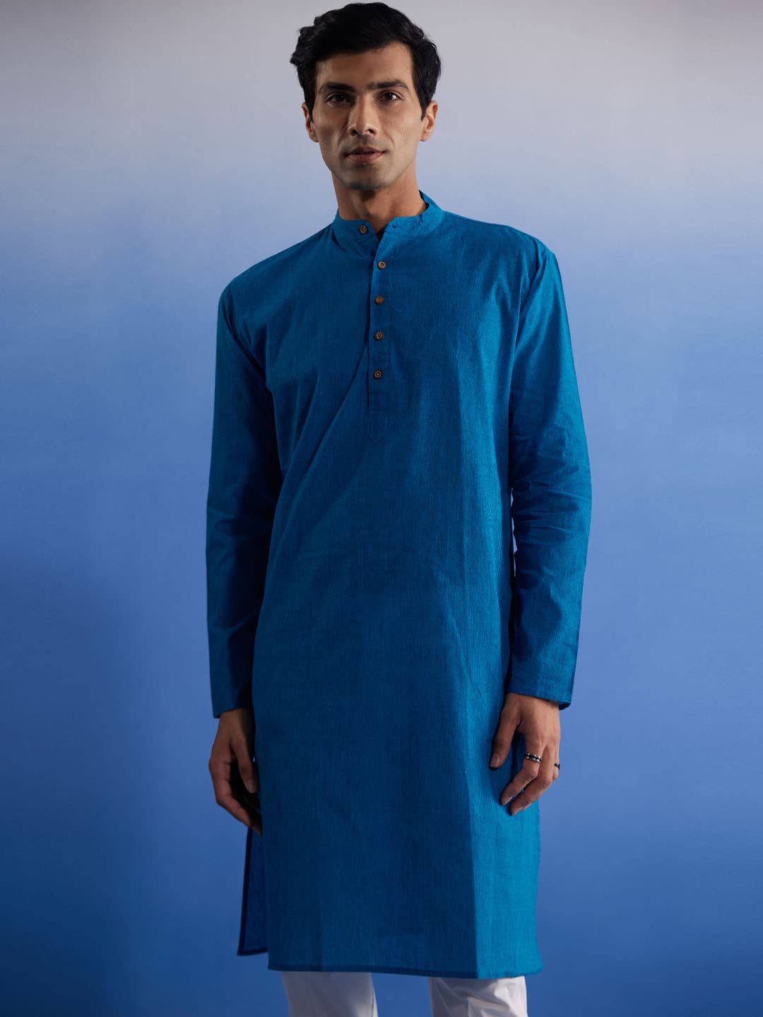 

VASTRAMAY Straight Band Collar Cotton Kurta, Blue
