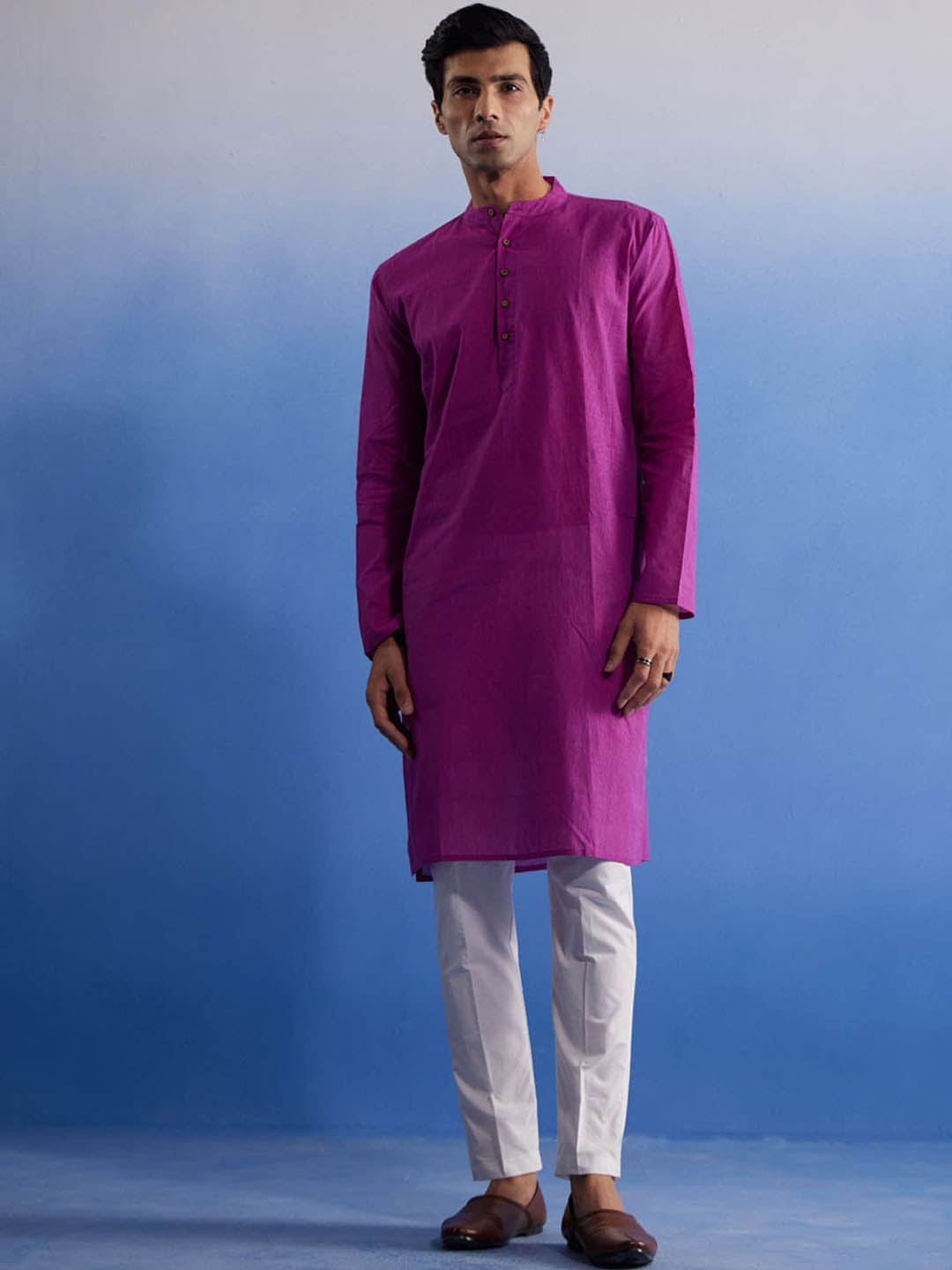 

VASTRAMAY Band Collar Regular Pure Cotton Straight Kurta with Trousers, Purple