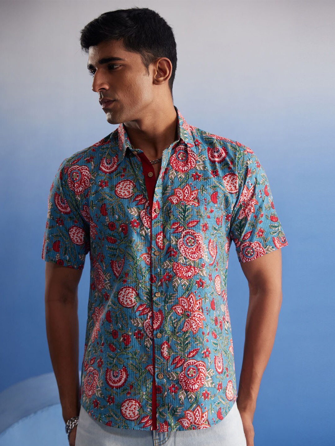 

VASTRAMAY Premium Floral Printed Cotton Casual Shirt, Blue