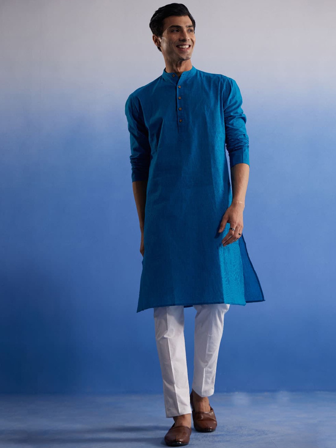 

VASTRAMAY Band Collar Regular Pure Cotton Straight Kurta with Trousers, Blue