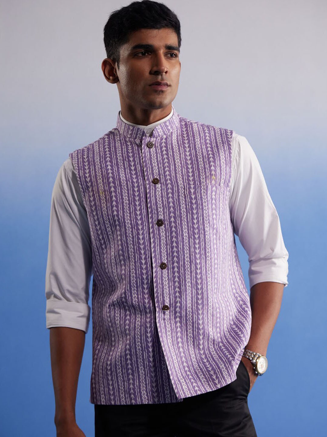 

VASTRAMAY Ethnic Motifs Printed Pure Cotton Nehru Jackets, Purple