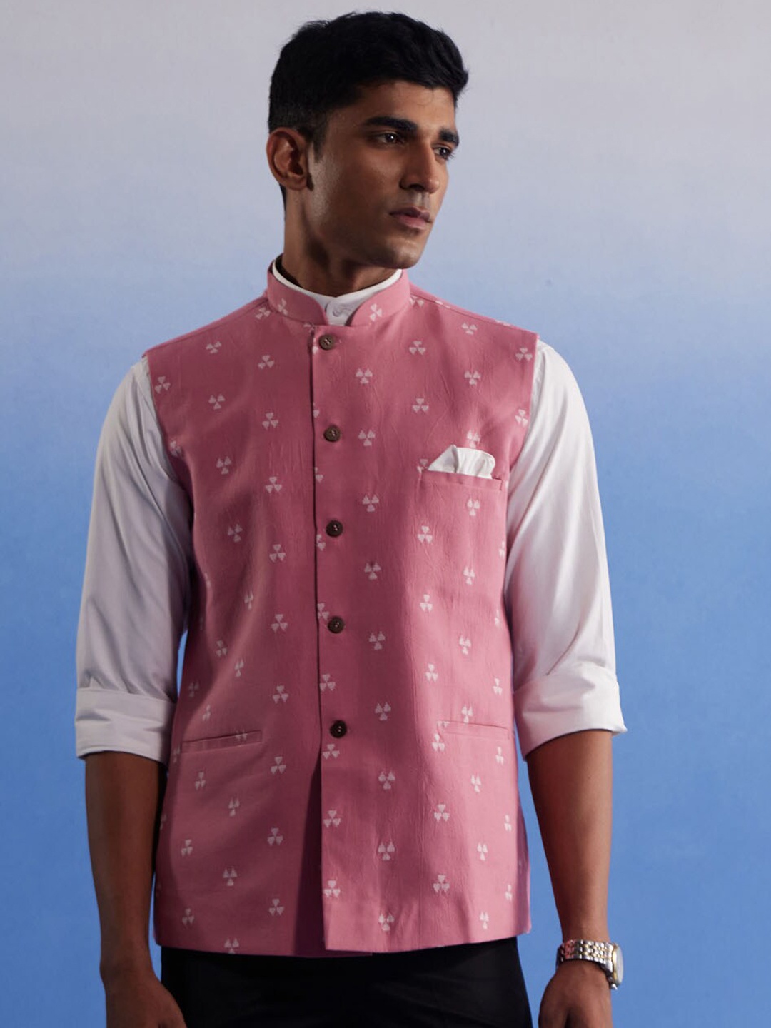 

VASTRAMAY Printed Pure Cotton Nehru Jackets, Pink