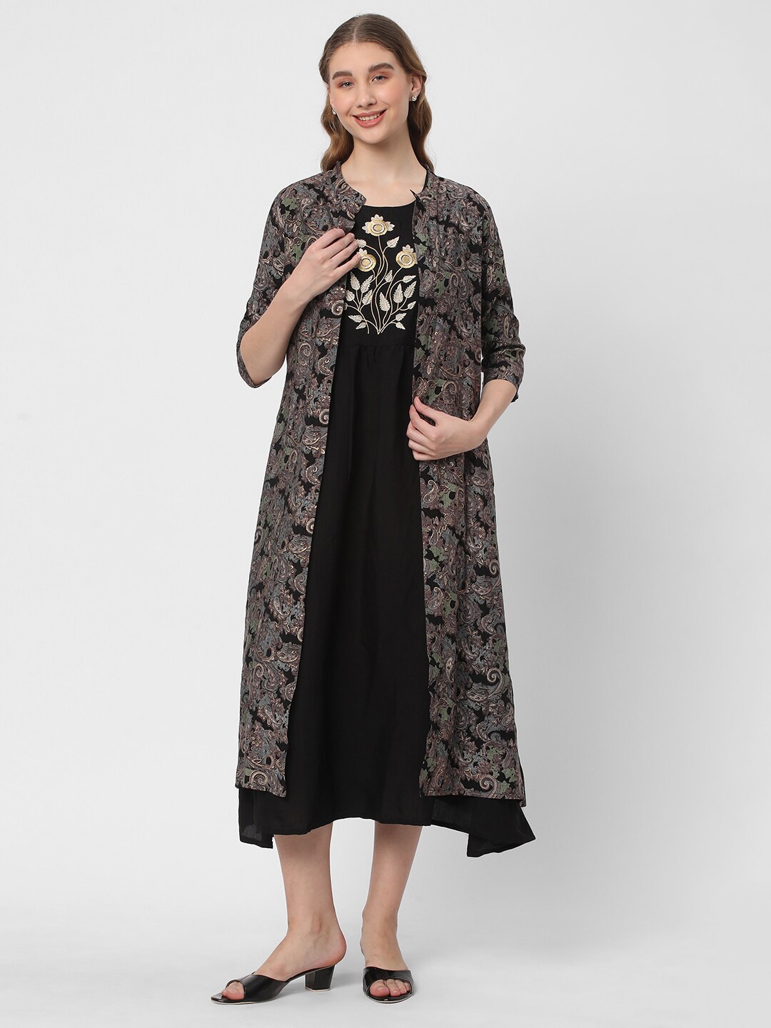 

R&B Floral Embroidered Gathered Detail Midi Fit & Flare Dress with Longline Shrug, Black