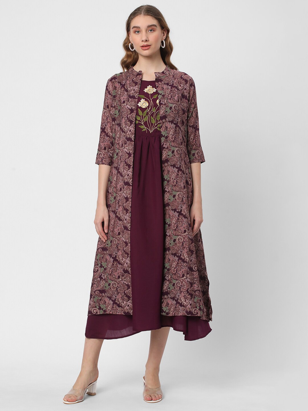 

R&B Floral Embroidered Gathered Detail Midi Fit & Flare Dress with Longline Shrug, Maroon