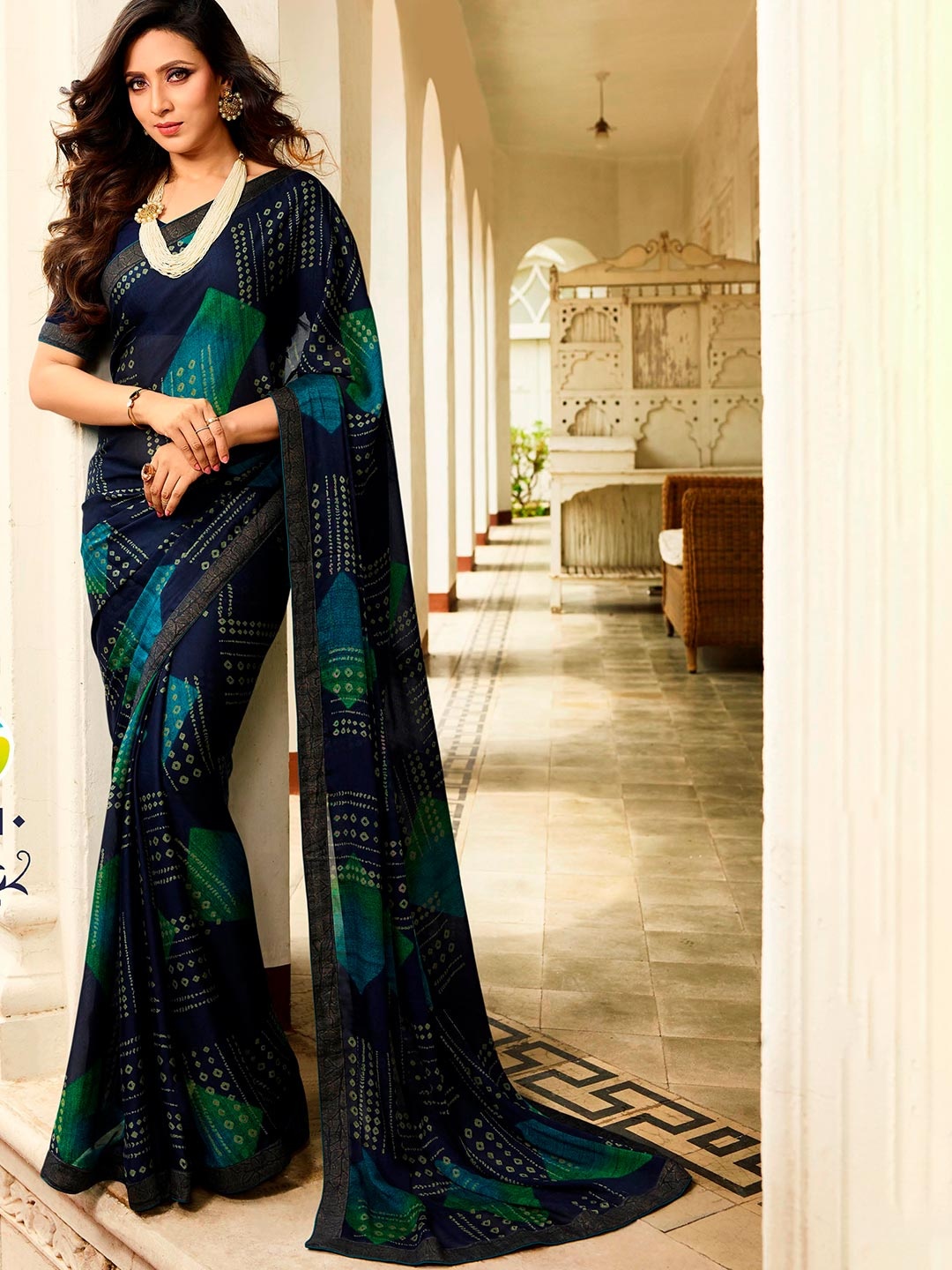 Civamee Floral Zari Georgette Saree, Navy blue