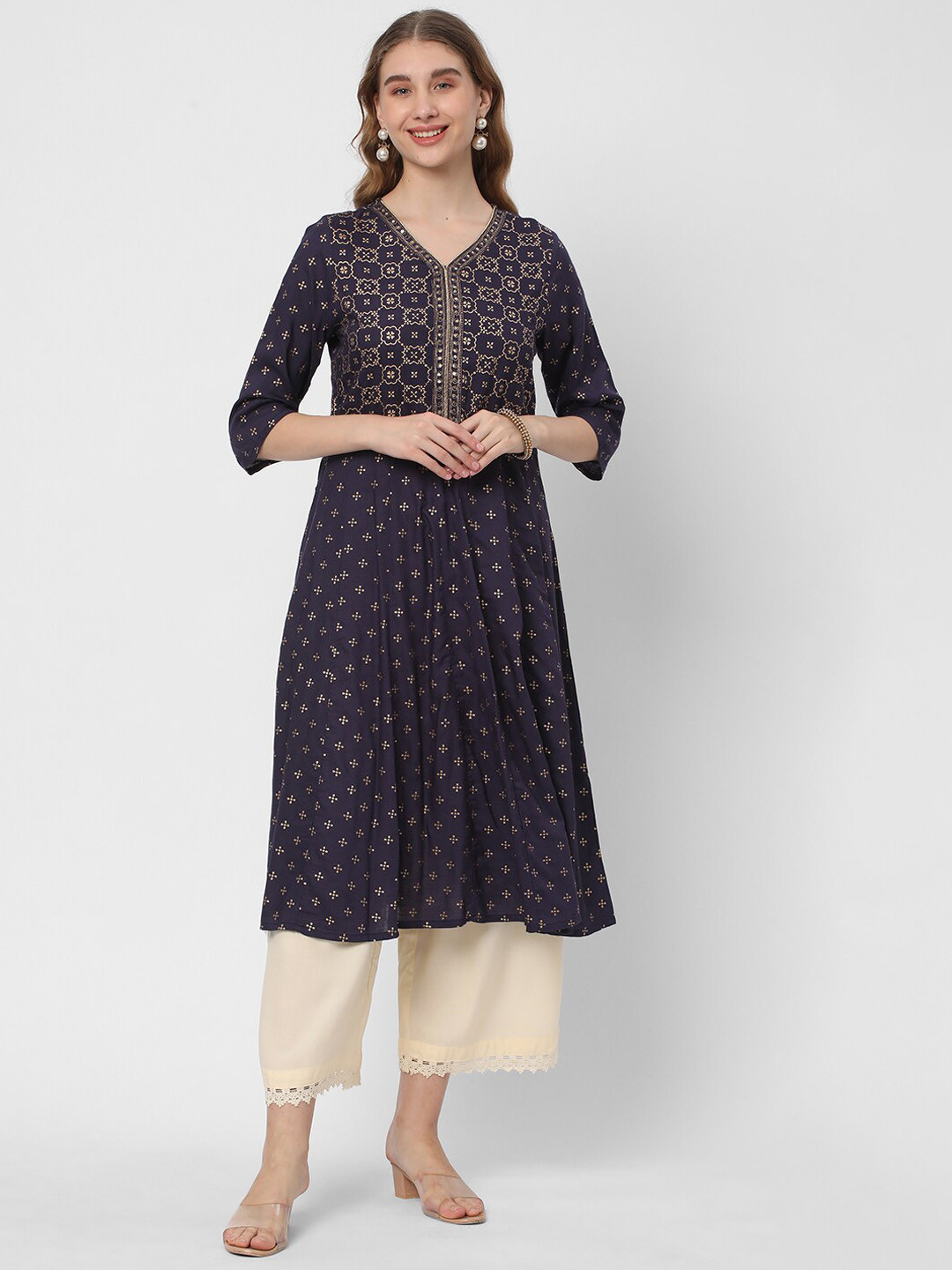 

R&B Ethnic Motifs Printed Mirror Work Straight Kurta, Blue