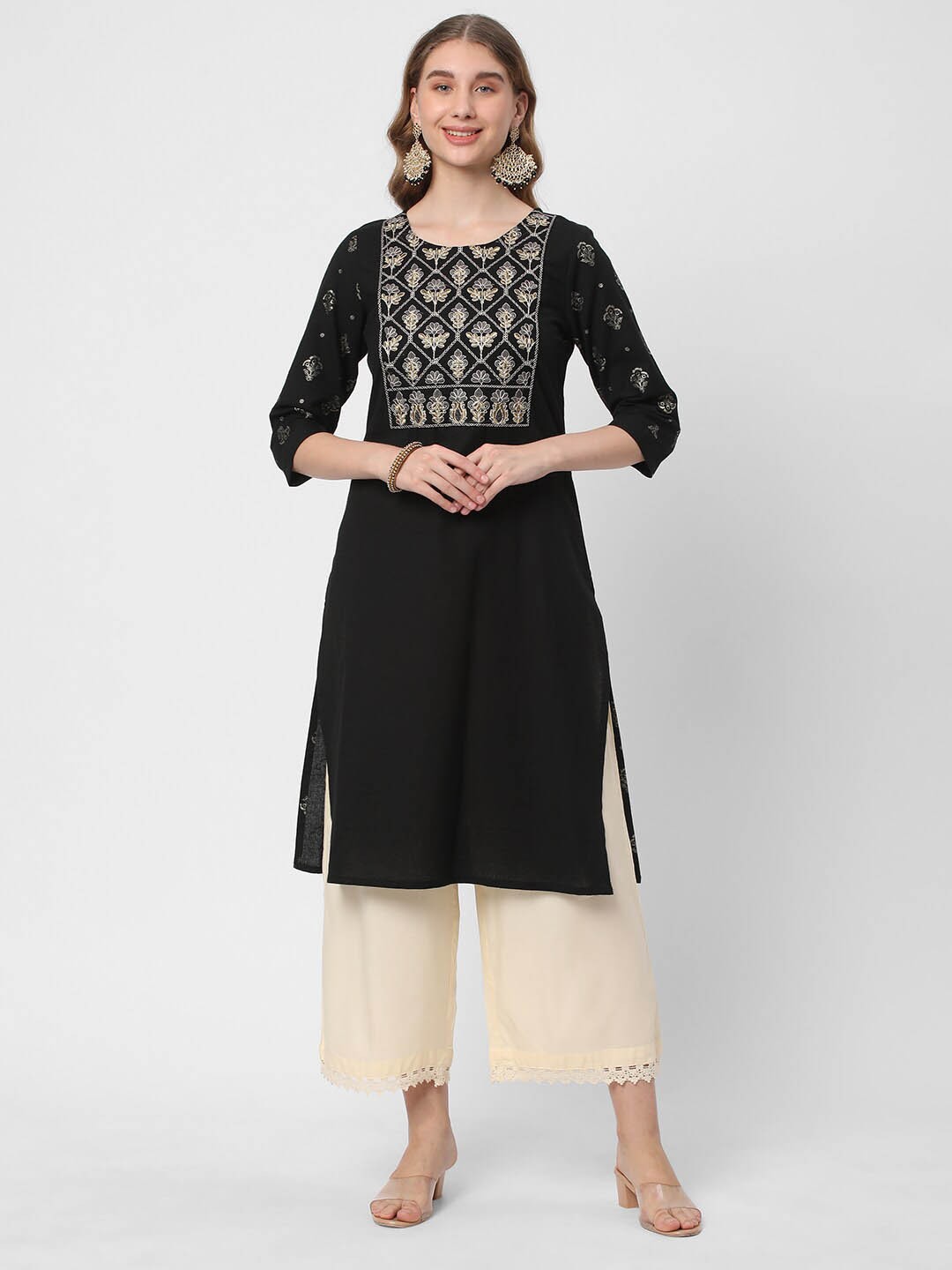 

R&B Ethnic Motifs Motifs Printed Thread Work Straight Kurta, Black