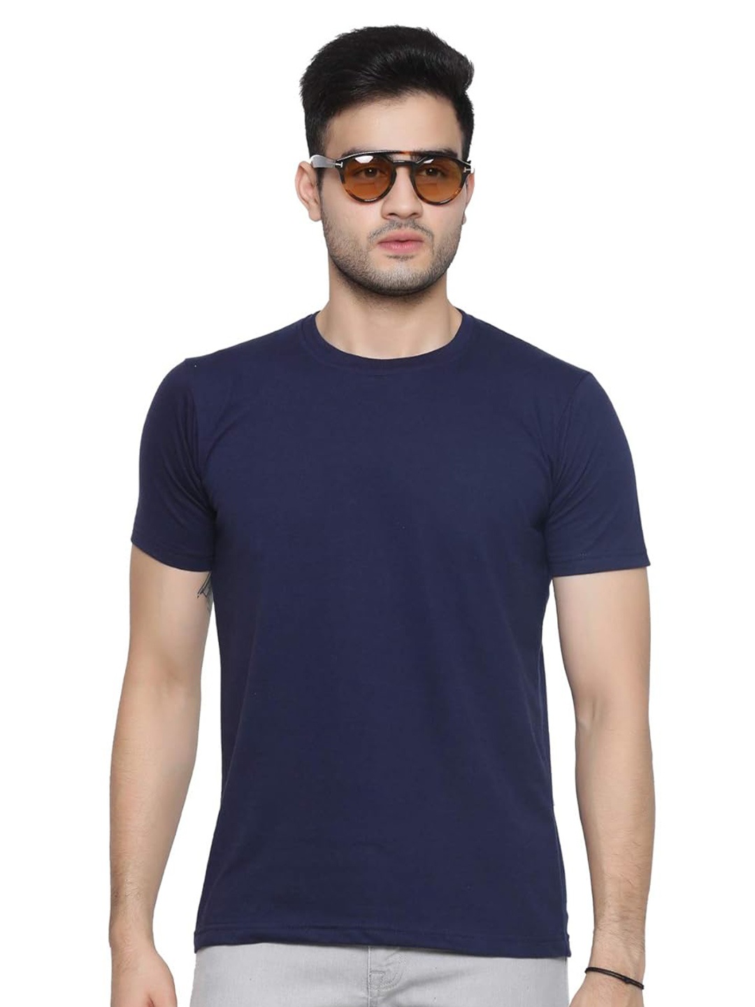 

WANDERLOOMS Round Neck Long Sleeves Fusion Cotton T-shirt, Navy blue