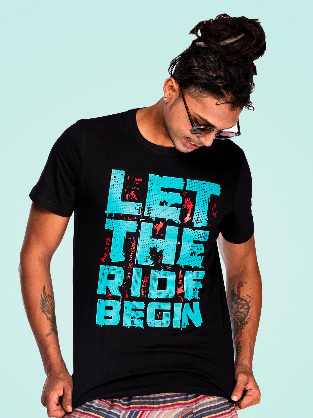 

WANDERLOOMS Typography Printed Fusion Cotton T-shirt, Black