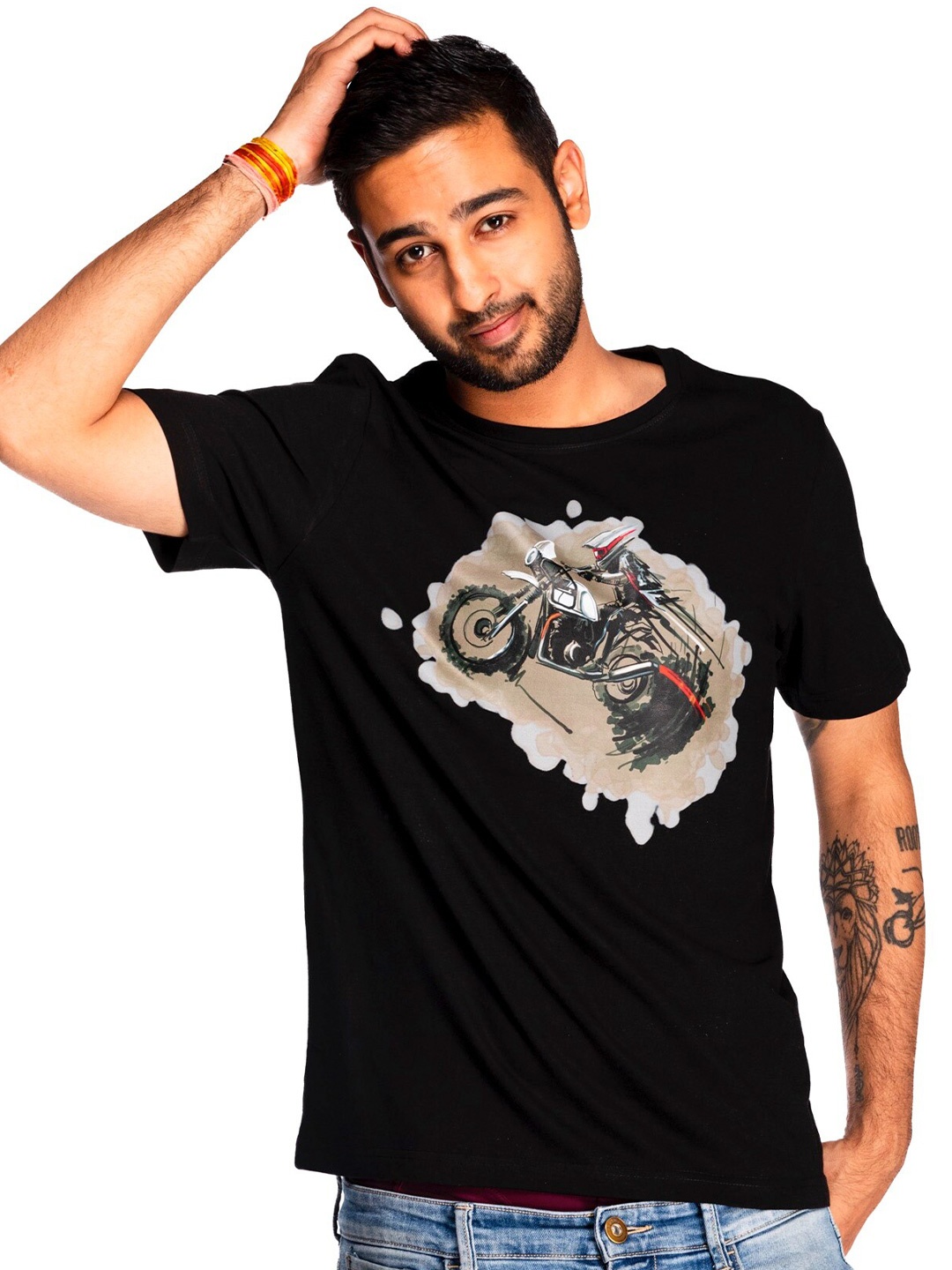 

WANDERLOOMS Biker Printed Fusion Cotton Regular Fit T-shirt, Black