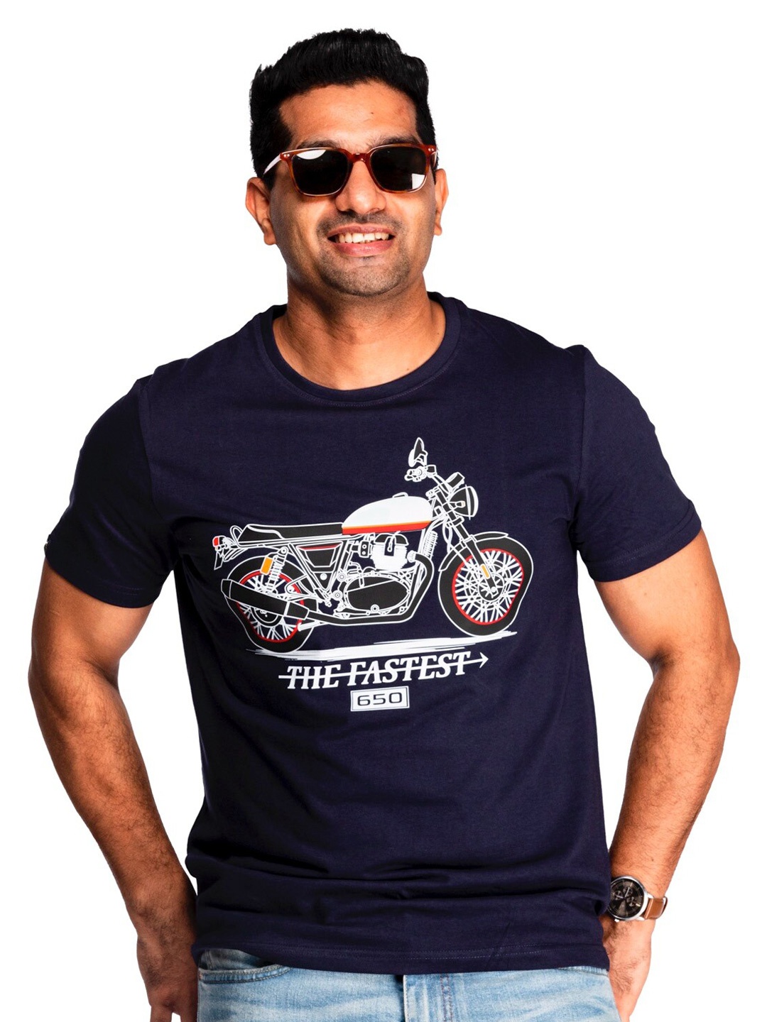 

WANDERLOOMS Biker Printed Fusion Cotton Regular Fit T-shirt, Navy blue