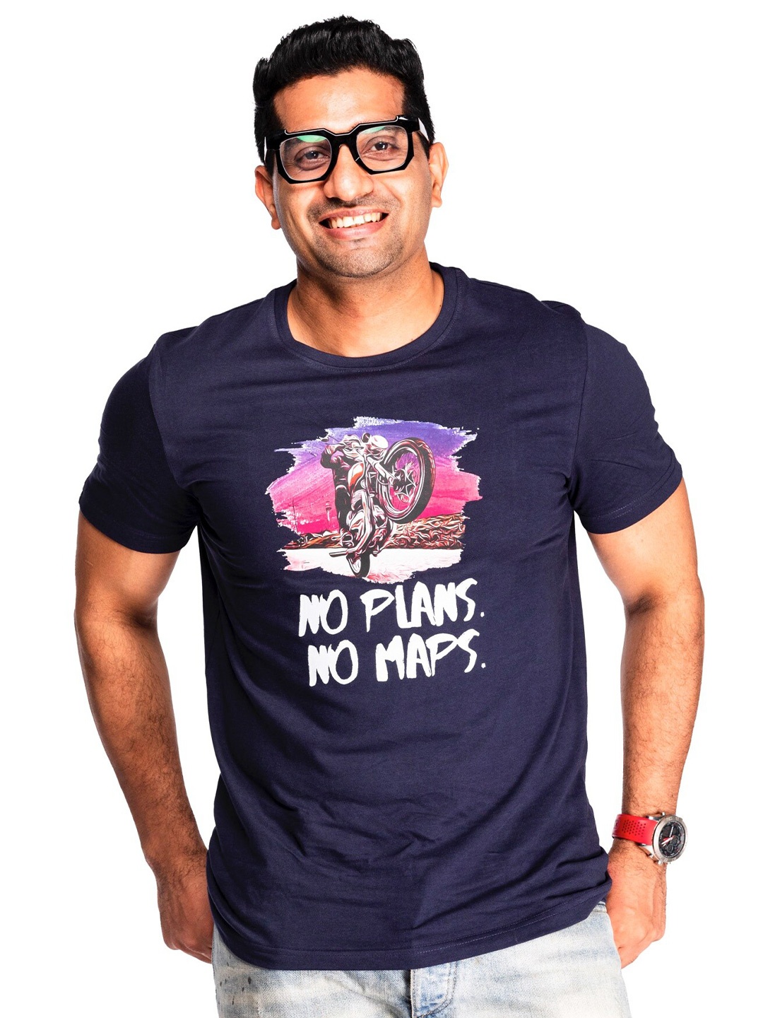 

WANDERLOOMS Biker Printed Fusion Cotton T-shirt, Navy blue