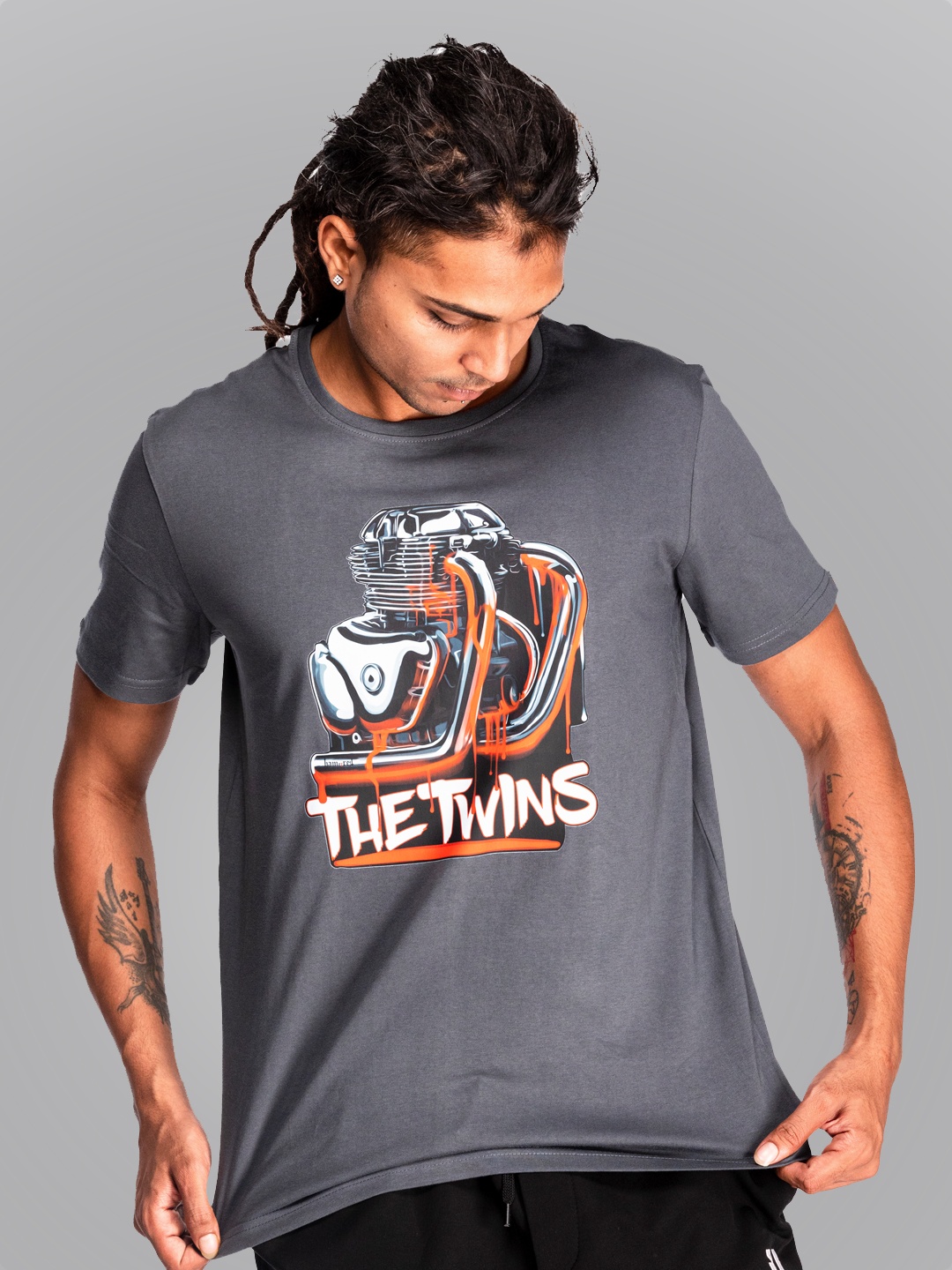 

WANDERLOOMS Biker Printed Cotton Fusion T-shirt, Grey