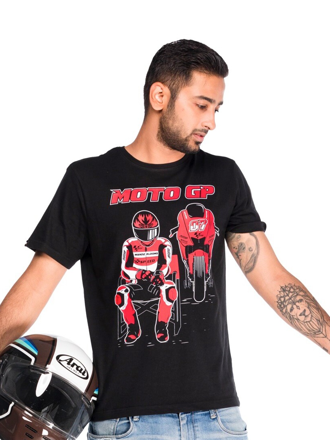 

WANDERLOOMS Biker Printed Cotton T-shirt, Black