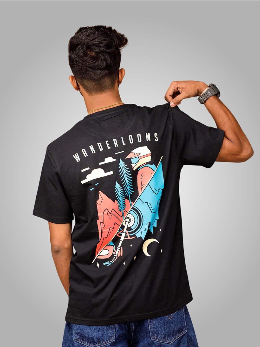 

WANDERLOOMS Men Black Biker Printed Fusion T-shirt