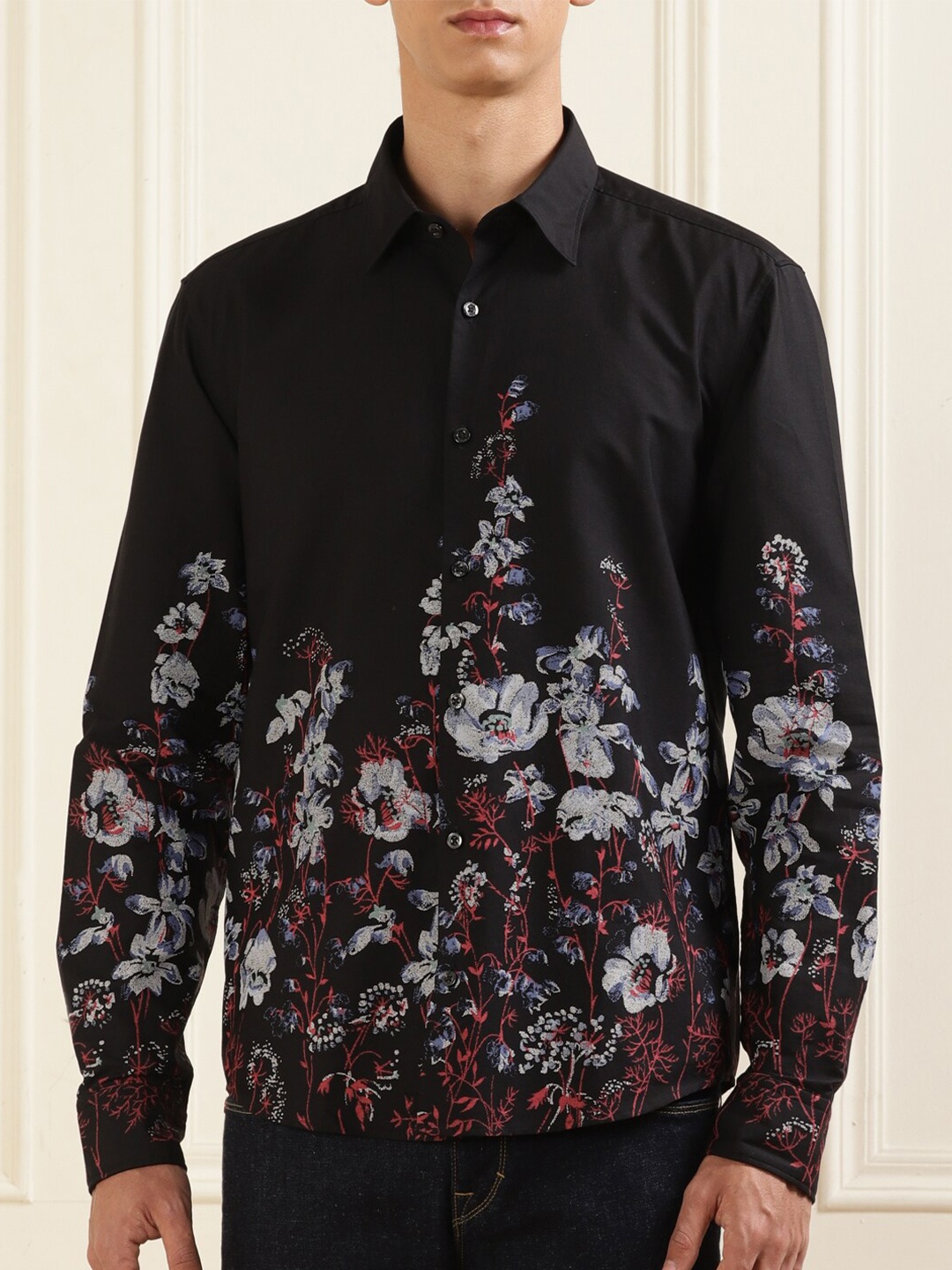 

HUGO Floral Printed Spread Collar Long Sleeve Cotton Regular Fit Shirt, Black