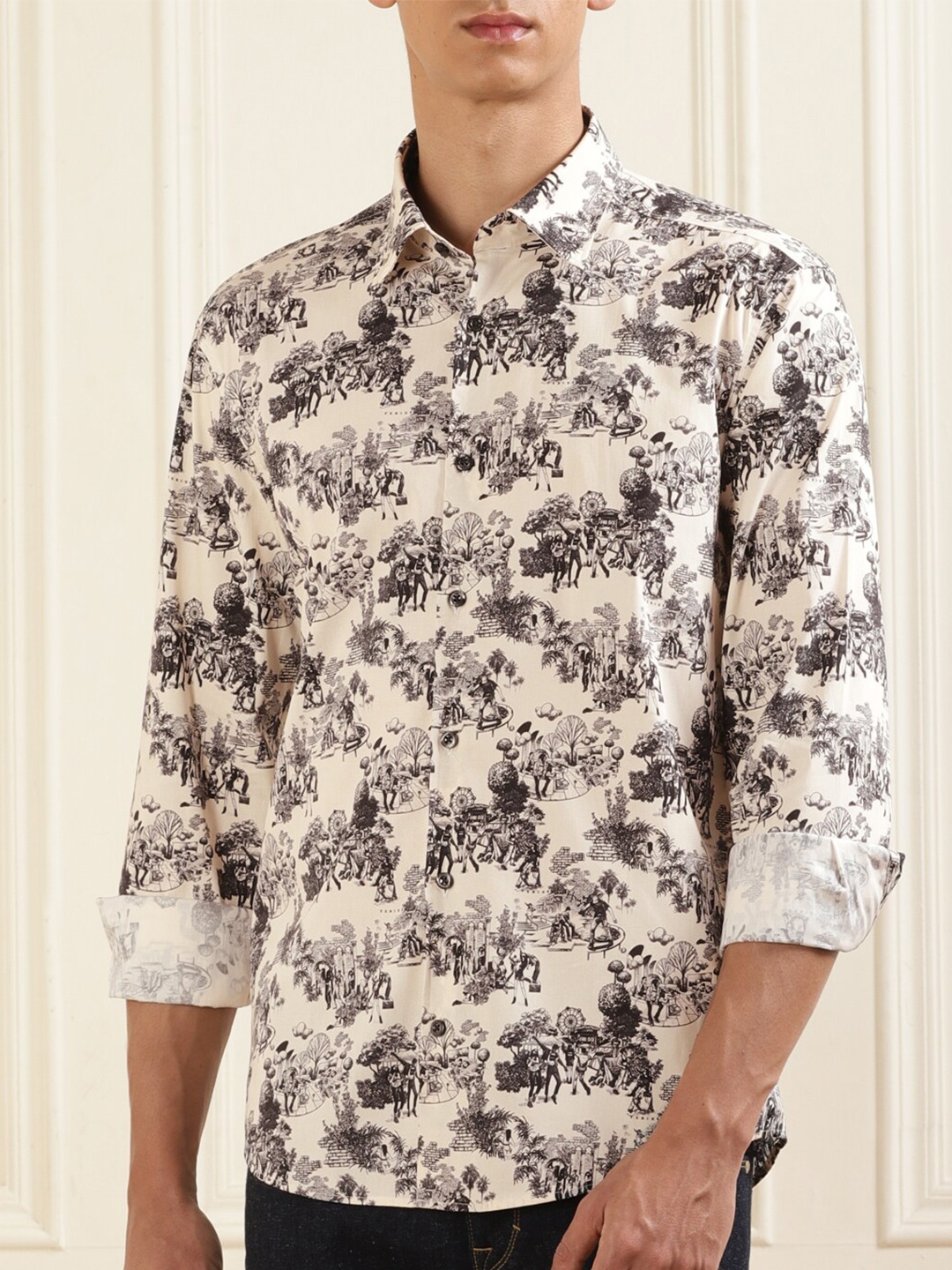 

HUGO Conversational Printed Spread Collar Long Sleeve Cotton Regular Fit Shirt, Beige