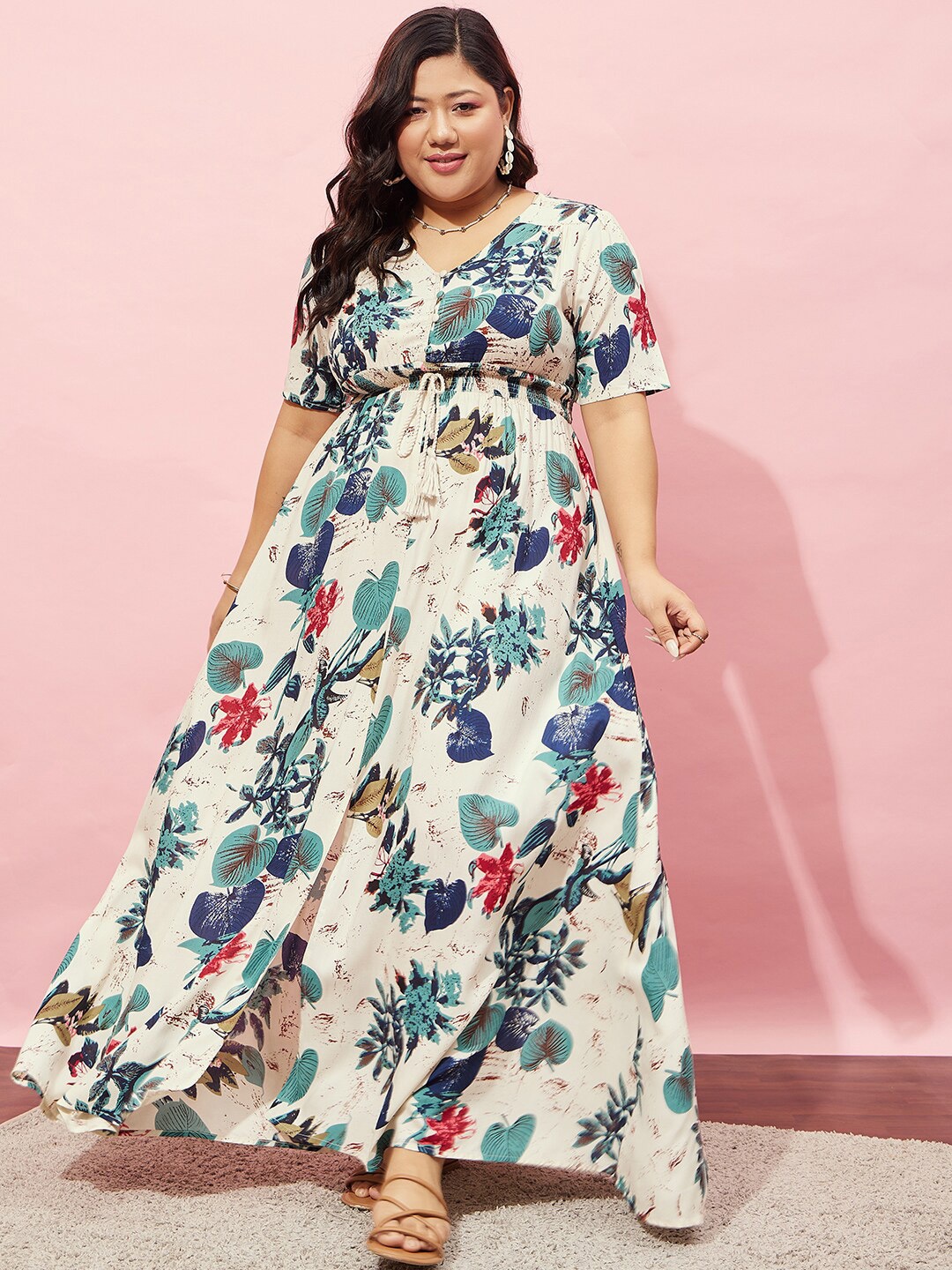 

Berrylush Curve Floral Printed A-line Maxi Dress, White