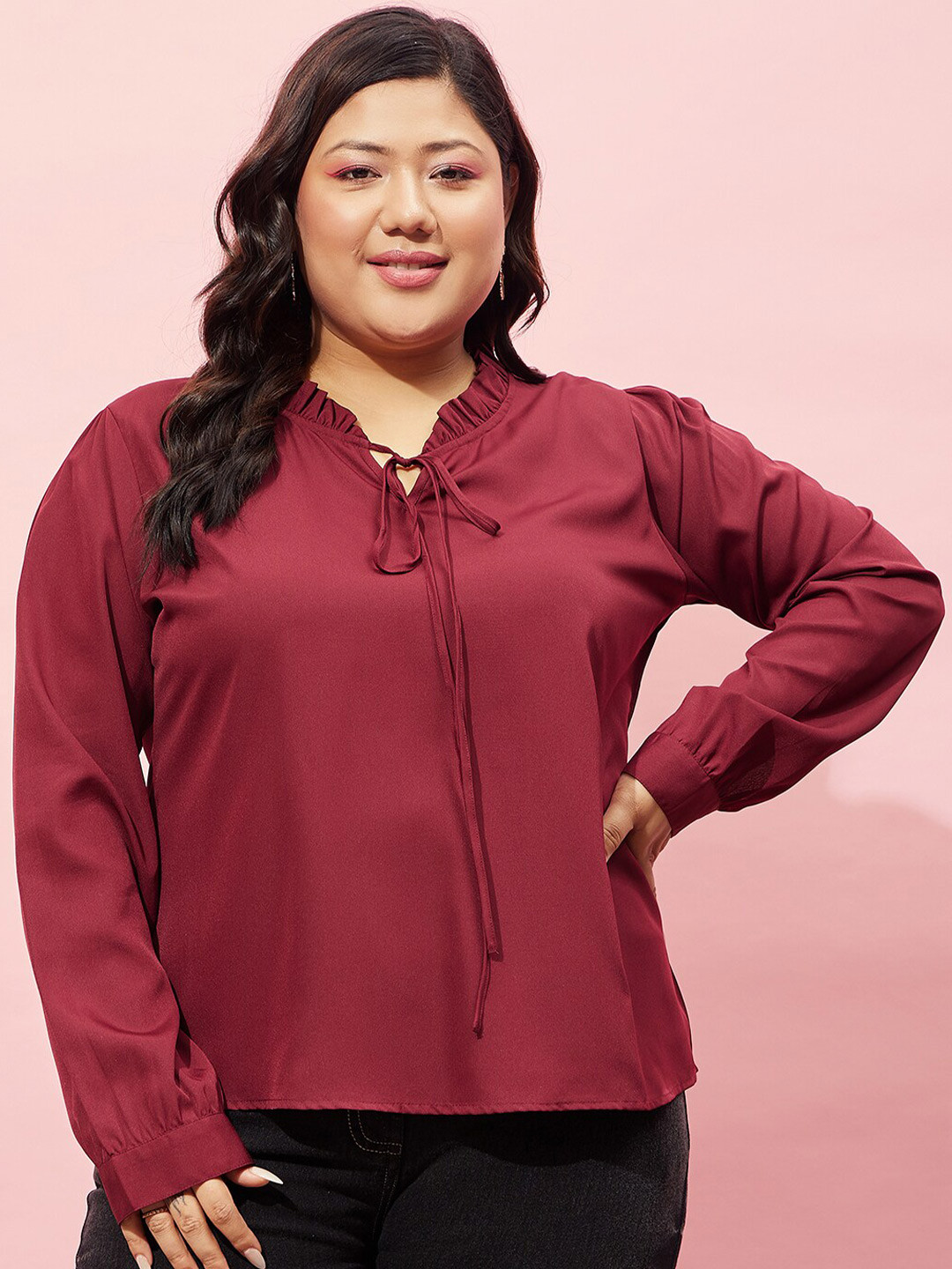 

Berrylush Curve Plus Size Maroon Tie-Up Neck Ruffled Shirt Style Top