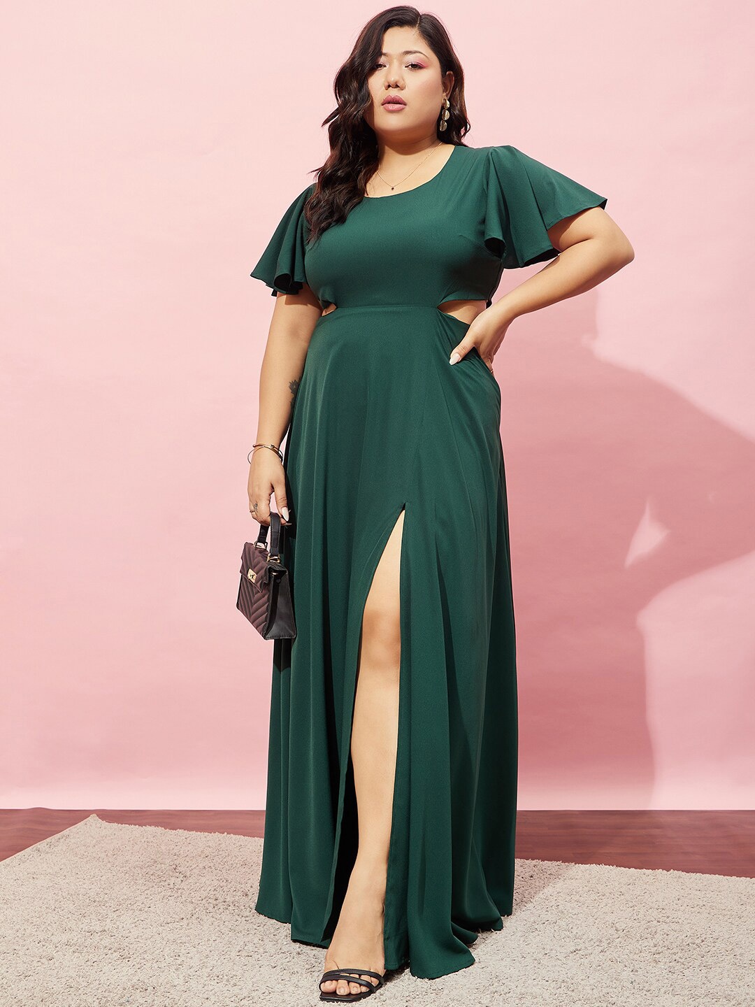 

Berrylush Curve Plus Size Green Round Neck Flutter Sleeve Cut-Outs Maxi Dress