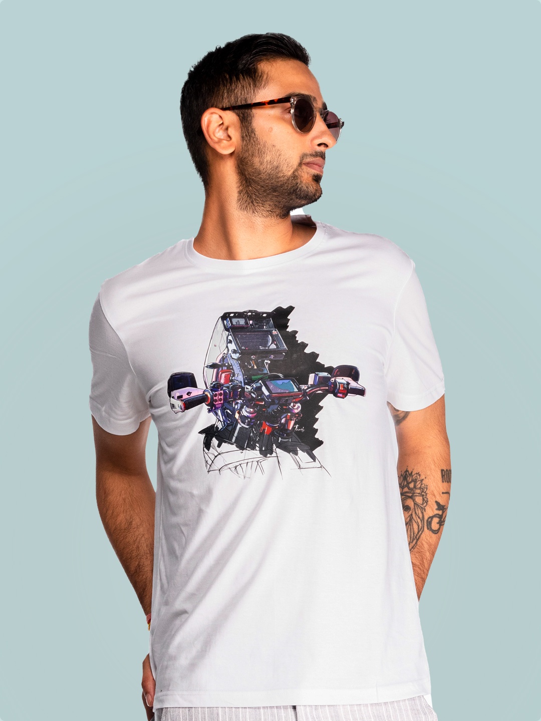 

WANDERLOOMS Biker Printed Cotton Fusion T-shirt, White