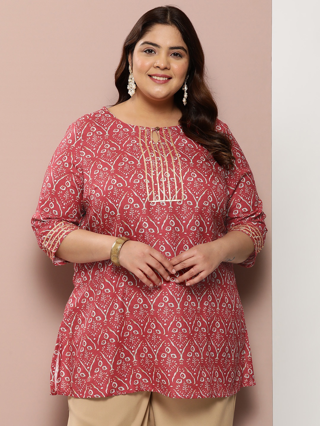 

Sztori Plus Size Ethnic Motifs Printed Kurti, Pink