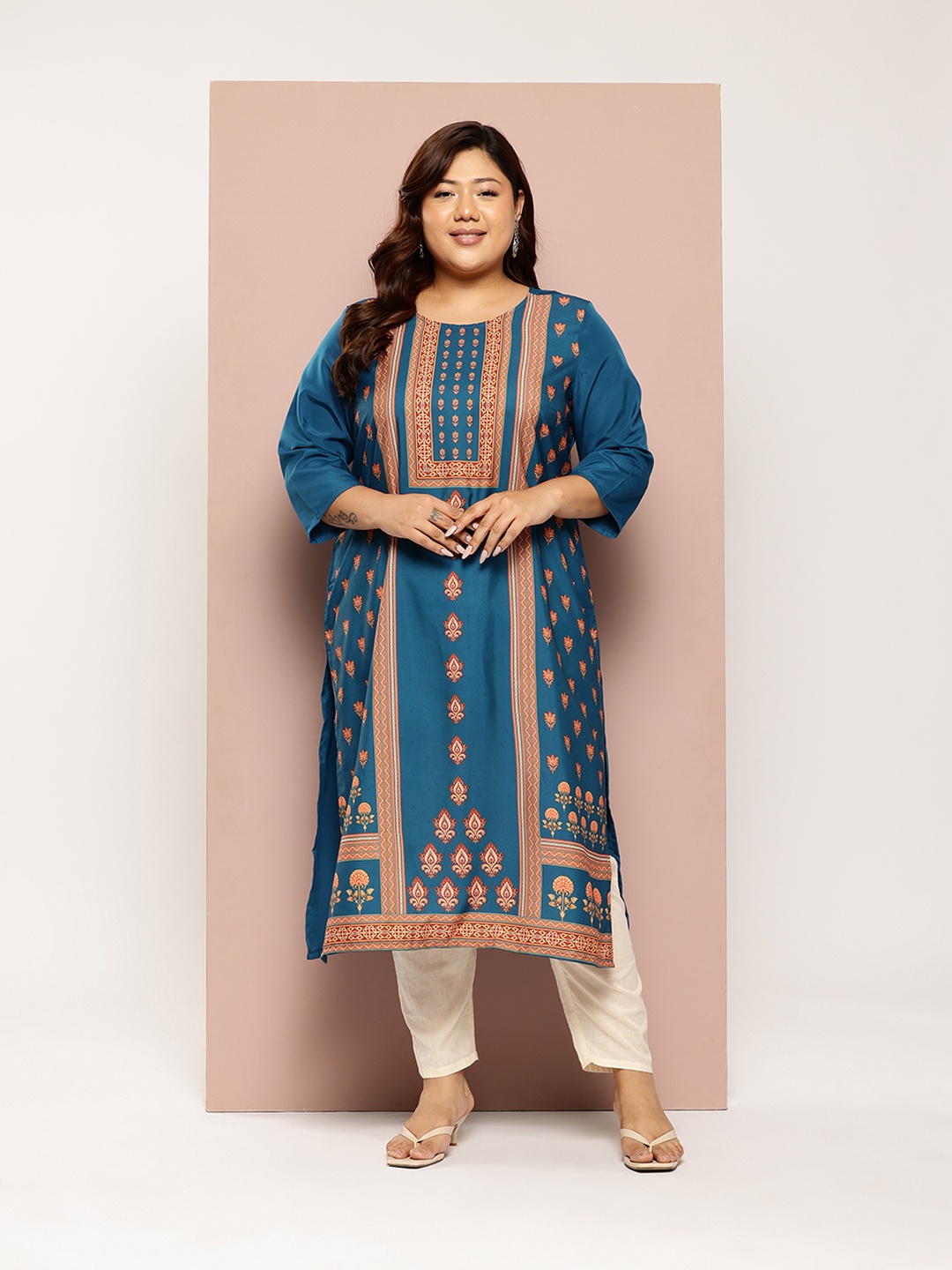 

Sztori Plus Size Ethnic Motifs Printed Kurta, Blue