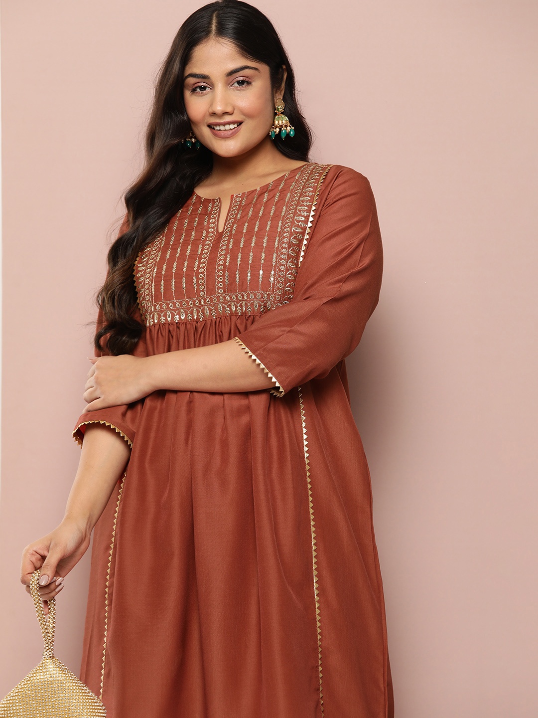 

Sztori Plus Size Yoke Design Gotta Patti Kurta, Rust