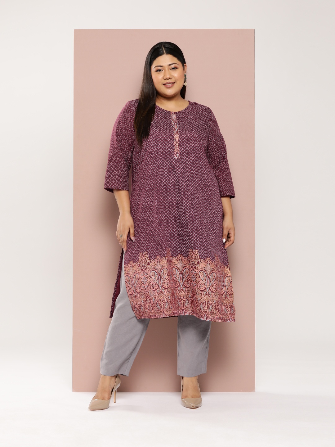 

Sztori Plus Size Ethnic Motifs Printed Straight Kurta, Purple
