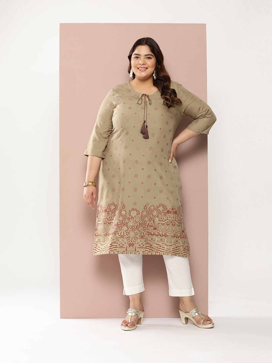 

Sztori Plus Size Ethnic Motifs Tie-Up Neck Kurta, Brown