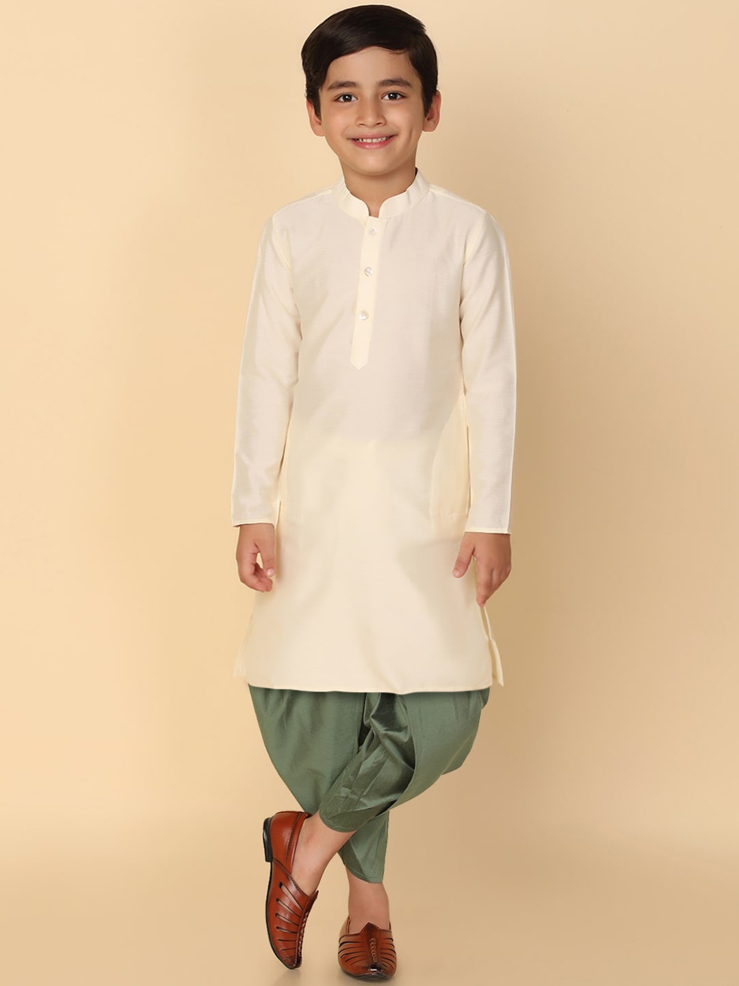 

KISAH Boys Mandarin Collar Long Sleeve Regular Kurta With Dhoti Pants, Off white