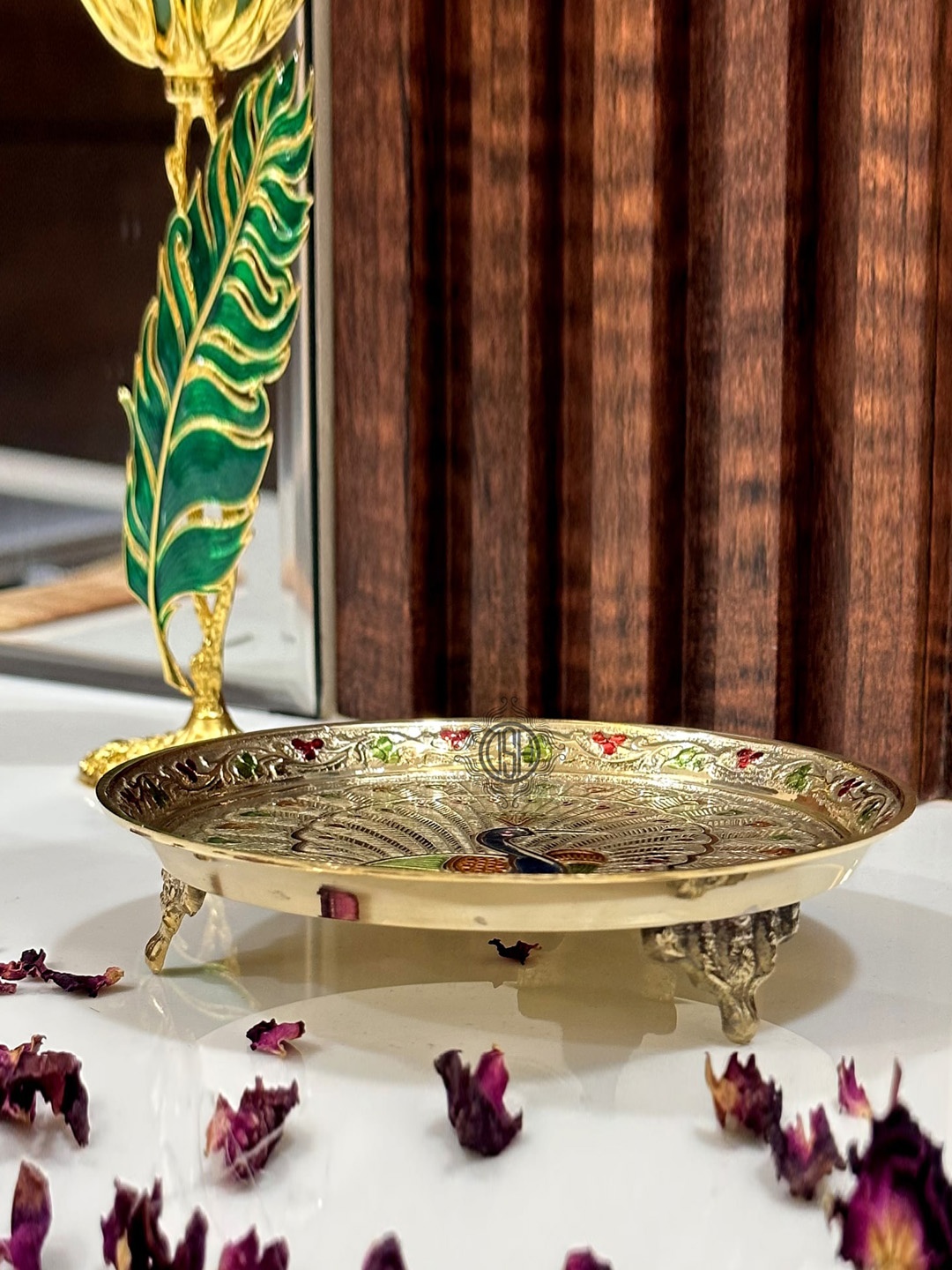 

DSH Crafting Your Curiosity Gold toned & Blue Peacock Design Brass Pooja Thali