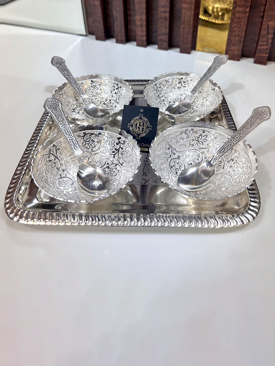 

DSH Crafting Your Curiosity Silver Plated 9 Pieces Textured Bowls Spoons and Tray