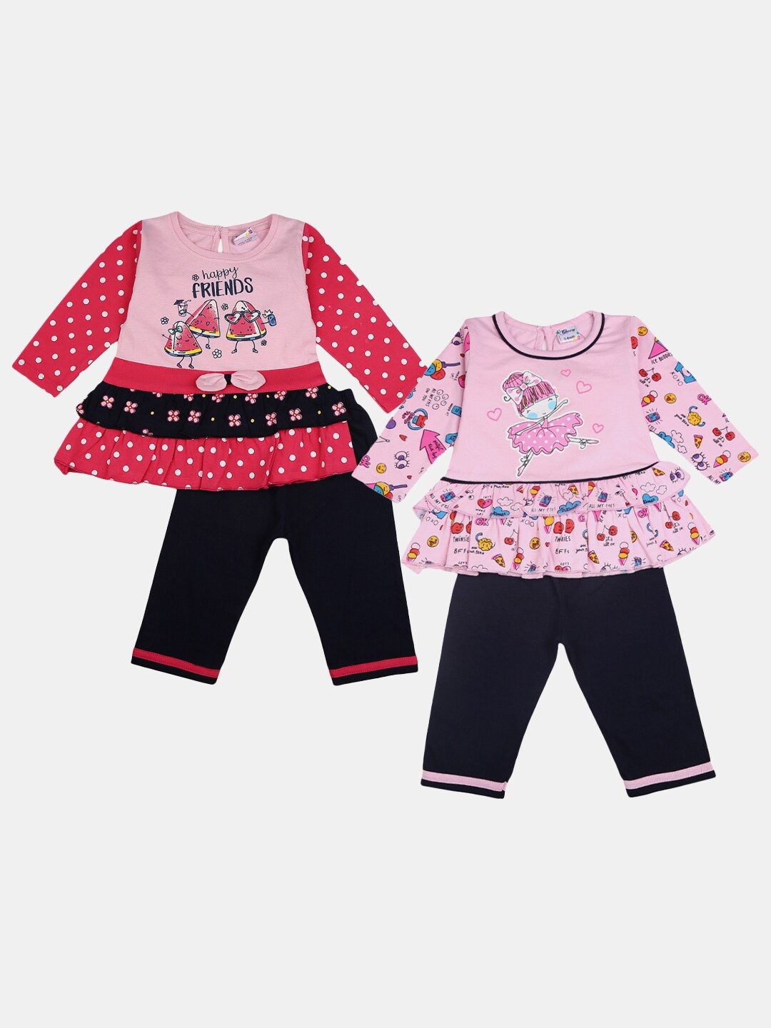 

V-Mart Girls Pack Of 2 Printed Long Sleeve Pure Cotton Top With Trouser, Pink