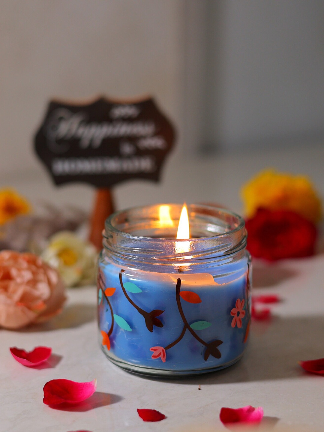 

POSH-N-PLUSH Blue Printed Glass Candle Jar With Lid