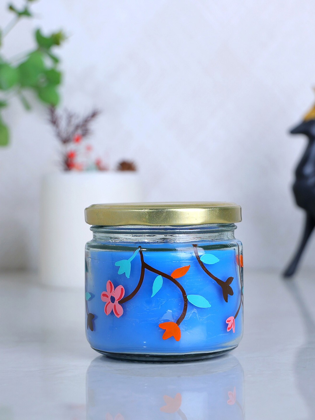 

POSH-N-PLUSH Blue Printed Glass Candle Jar With Lid, Pink