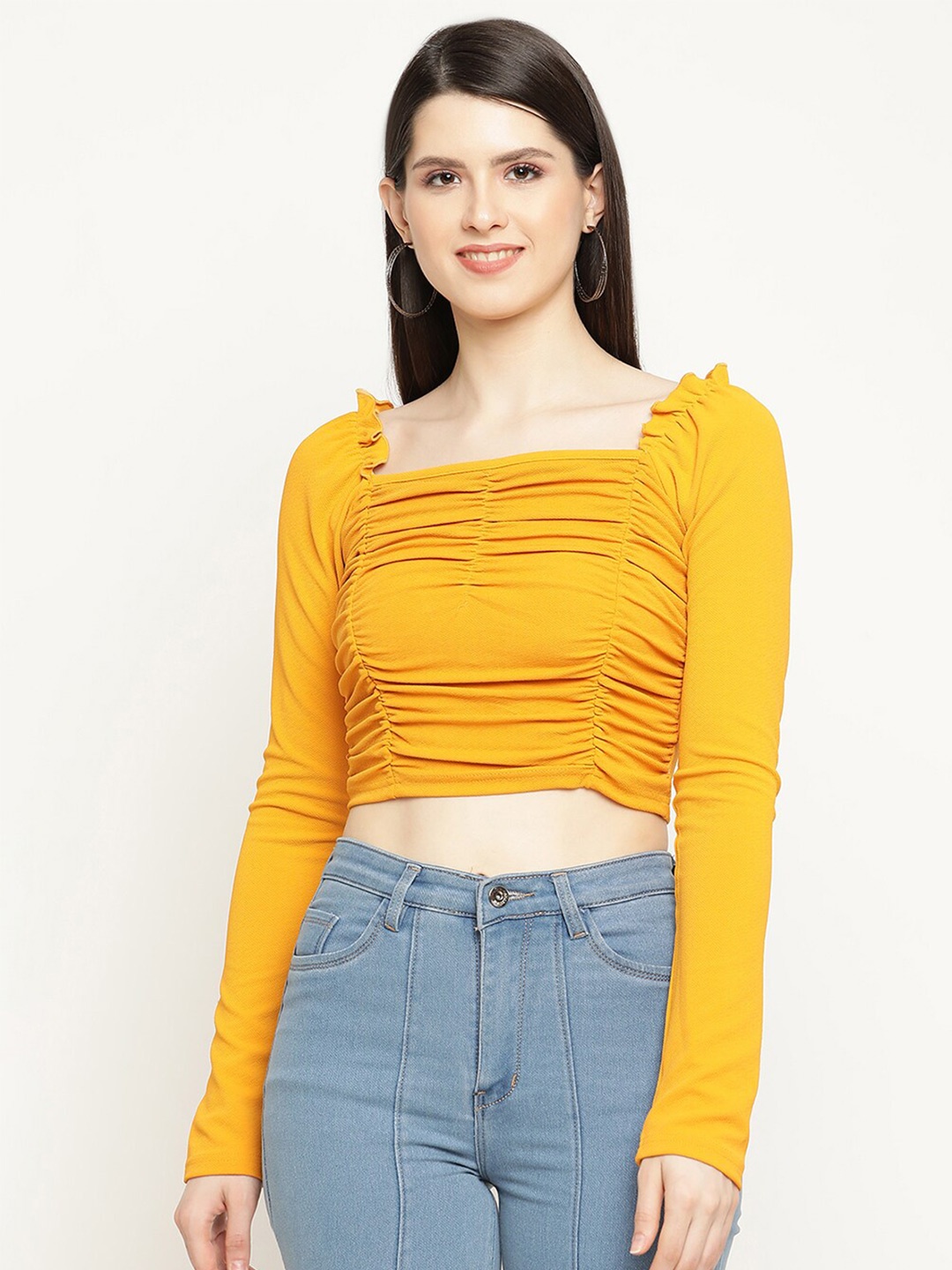 

BAESD Ribbed Square Neck Ruched Fitted Crop Top, Yellow