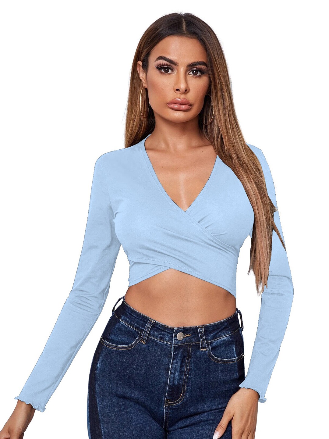 

BAESD V-Neck Wrap Crop Top, Turquoise blue