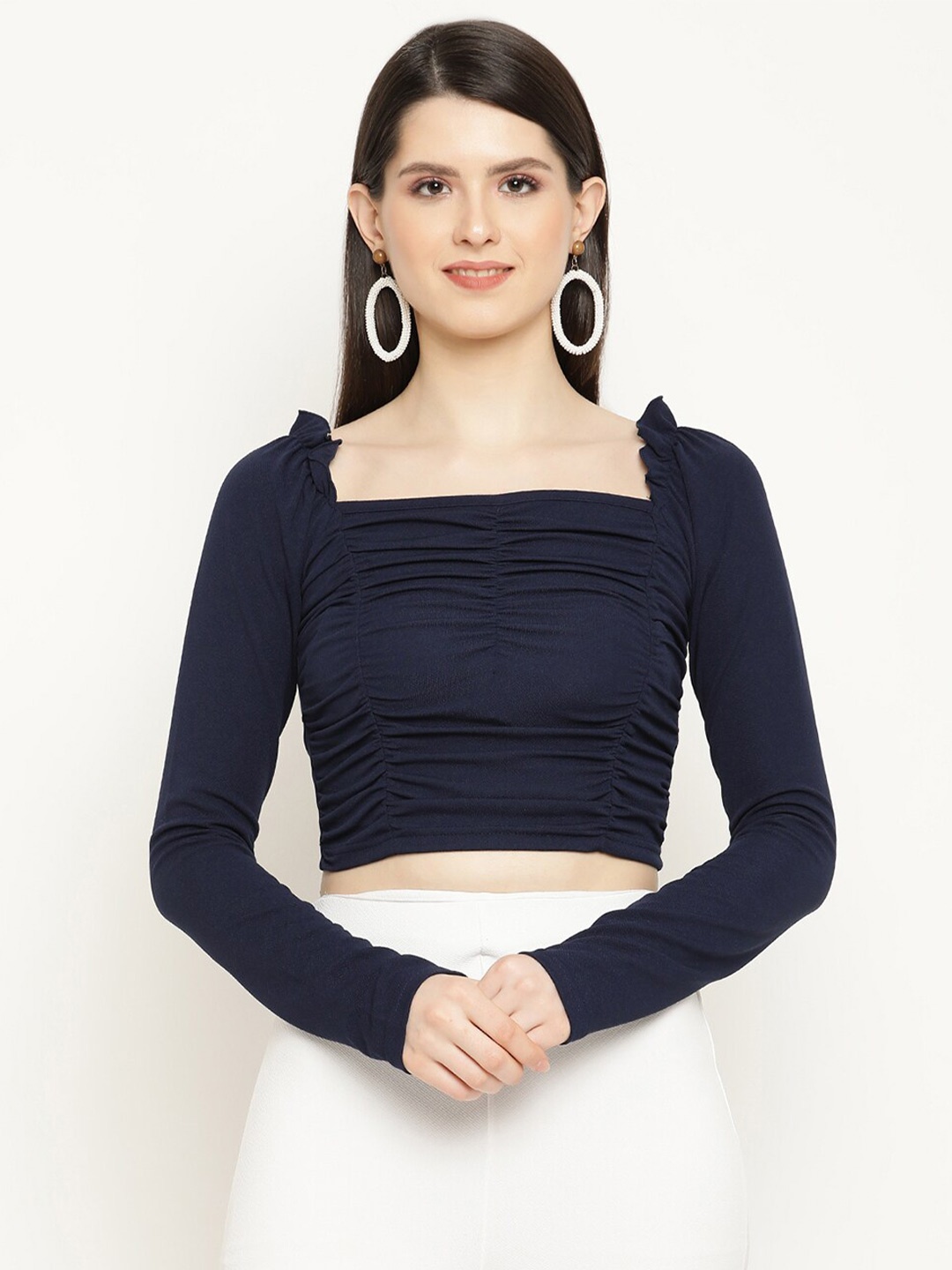 

BAESD Square Neck Raglan Sleeves Ruched Crop Fitted Top, Navy blue