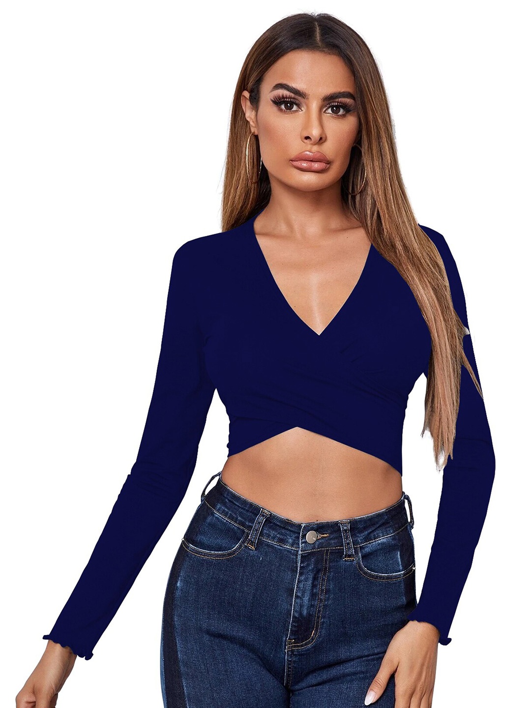 

BAESD V-Neck Long Sleeves Crop Top, Navy blue