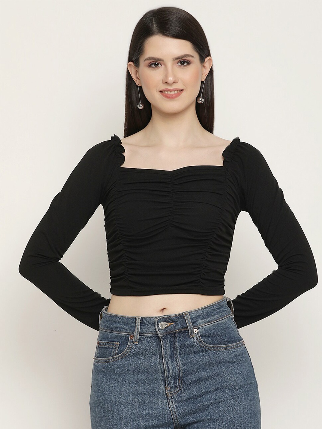 

BAESD Sweetheart Neck Sheen Crop Top, Black