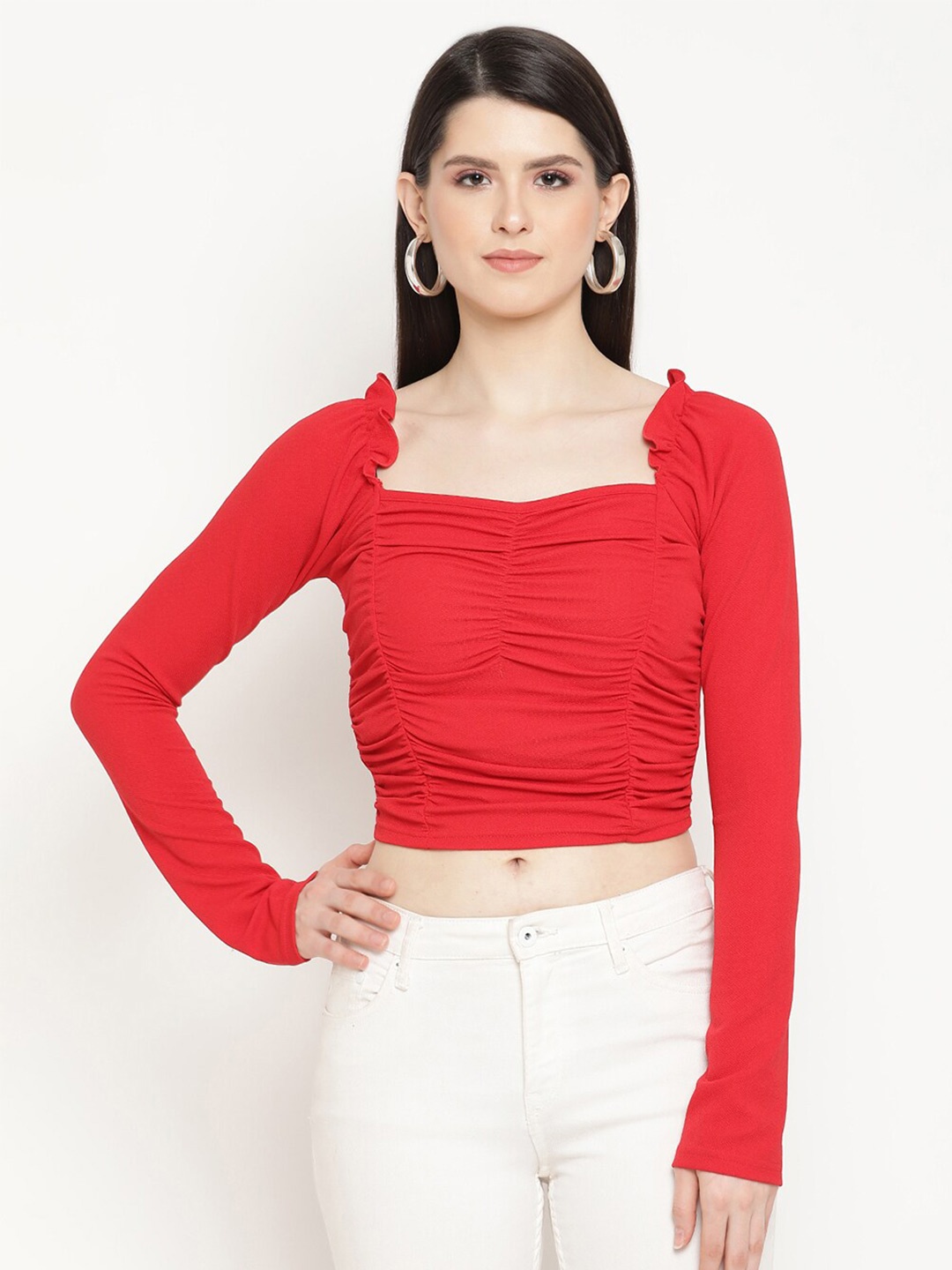 

BAESD Sweetheart Neck Ruched Ruffles Fitted Crop Top, Red