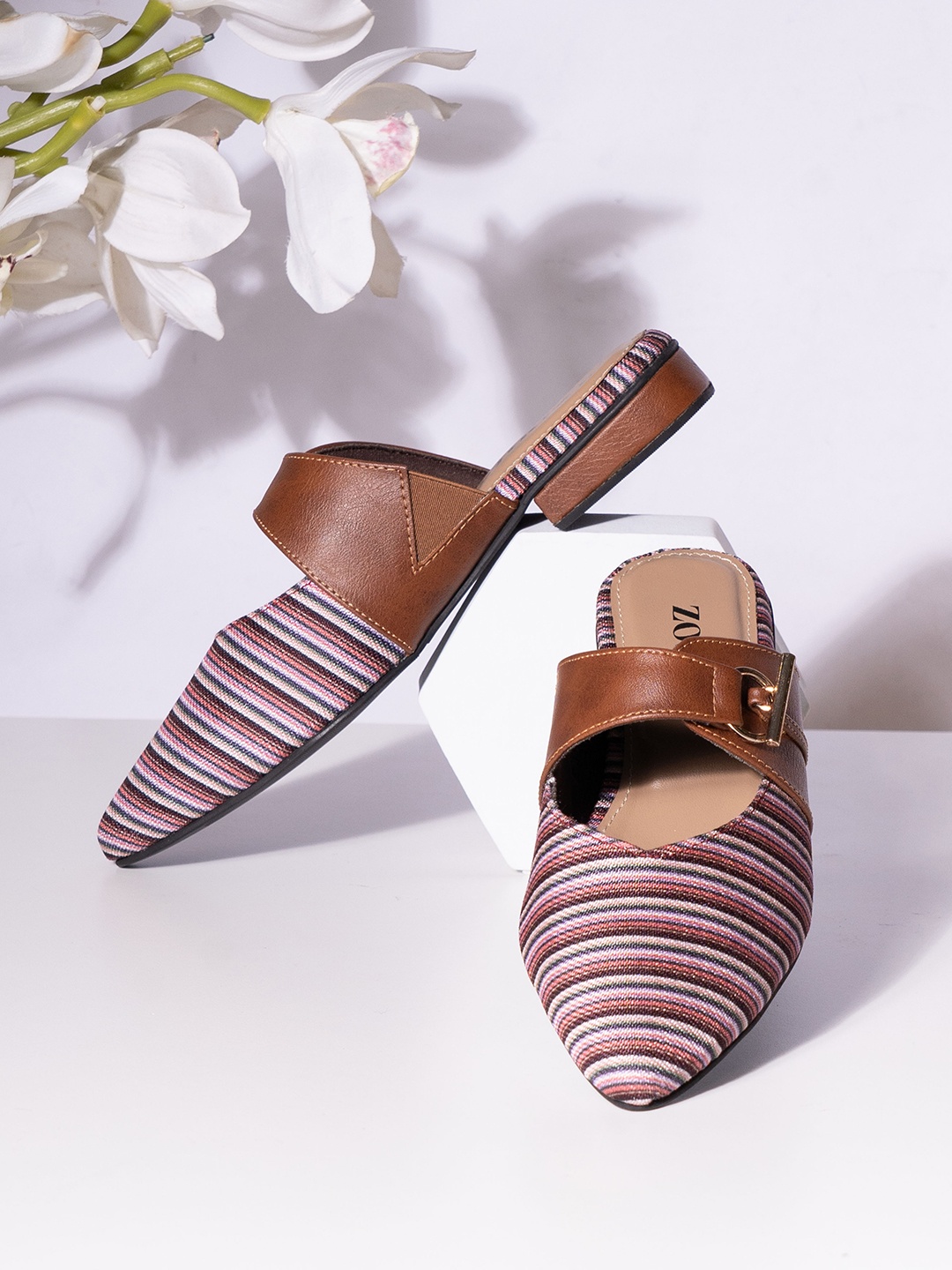 

ZOUK Rohtang Embellished Striped Work Block Mules, Pink