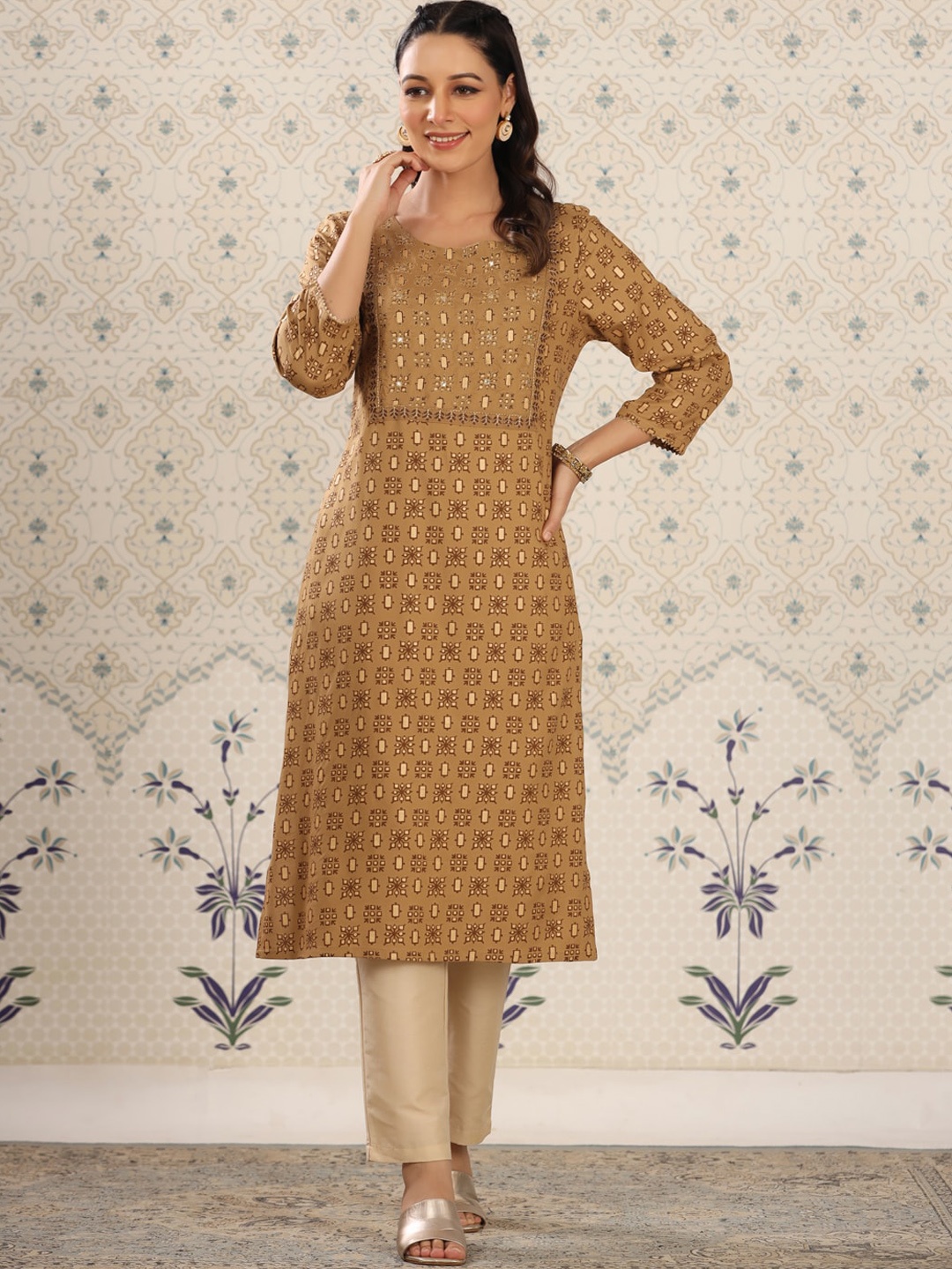 

Ode by House of Pataudi Ethnic Motifs Printed Thread Work Straight Kurta, Brown