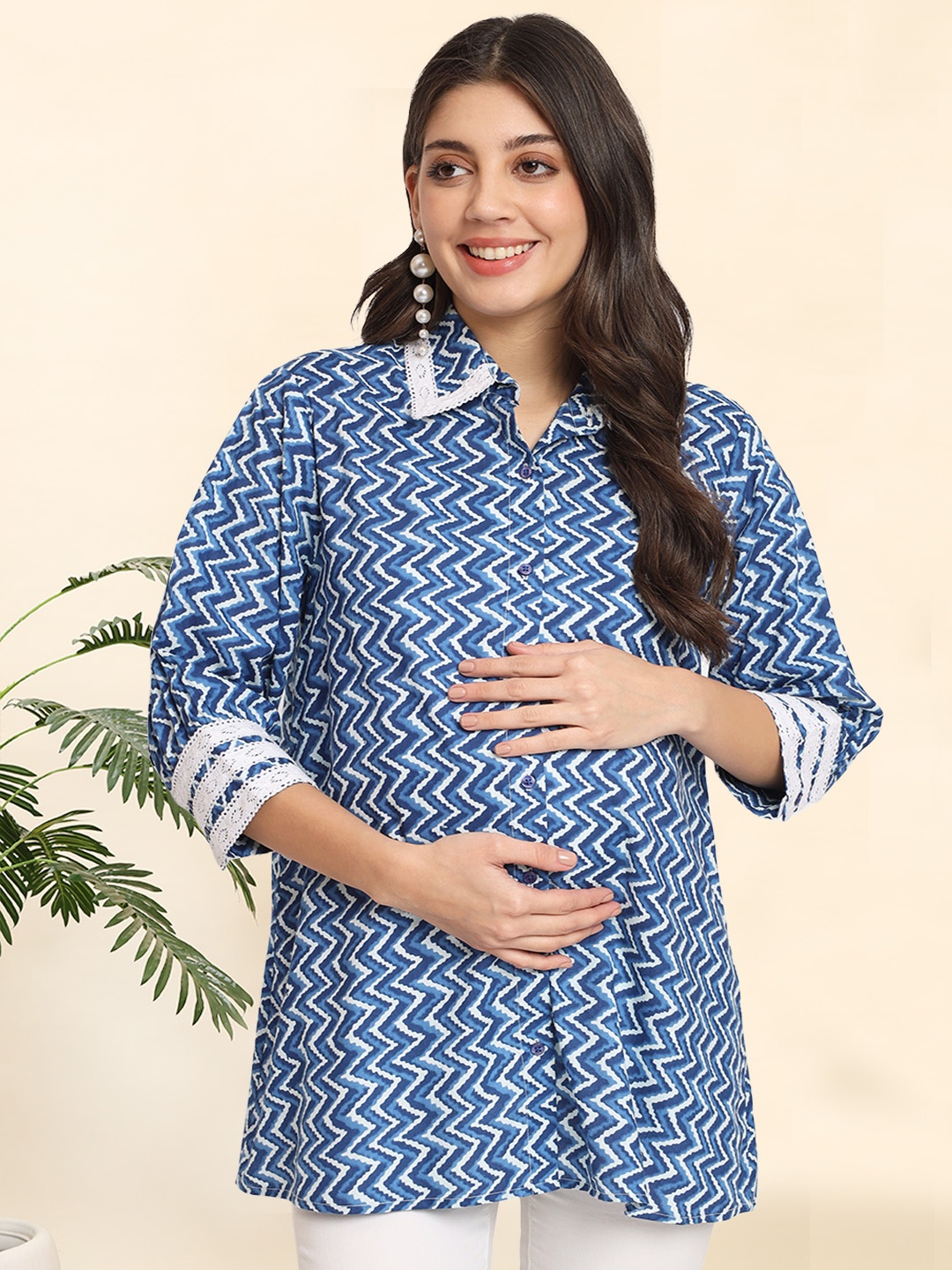 

angloindu Geometric Printed Pure Cotton Maternity Shirt, White