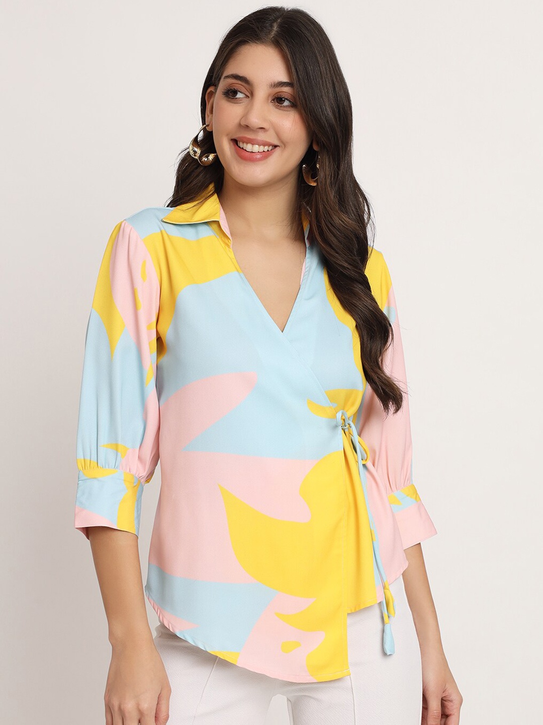 

angloindu Abstract Printed Cuffed Sleeves Wrap Top, Yellow