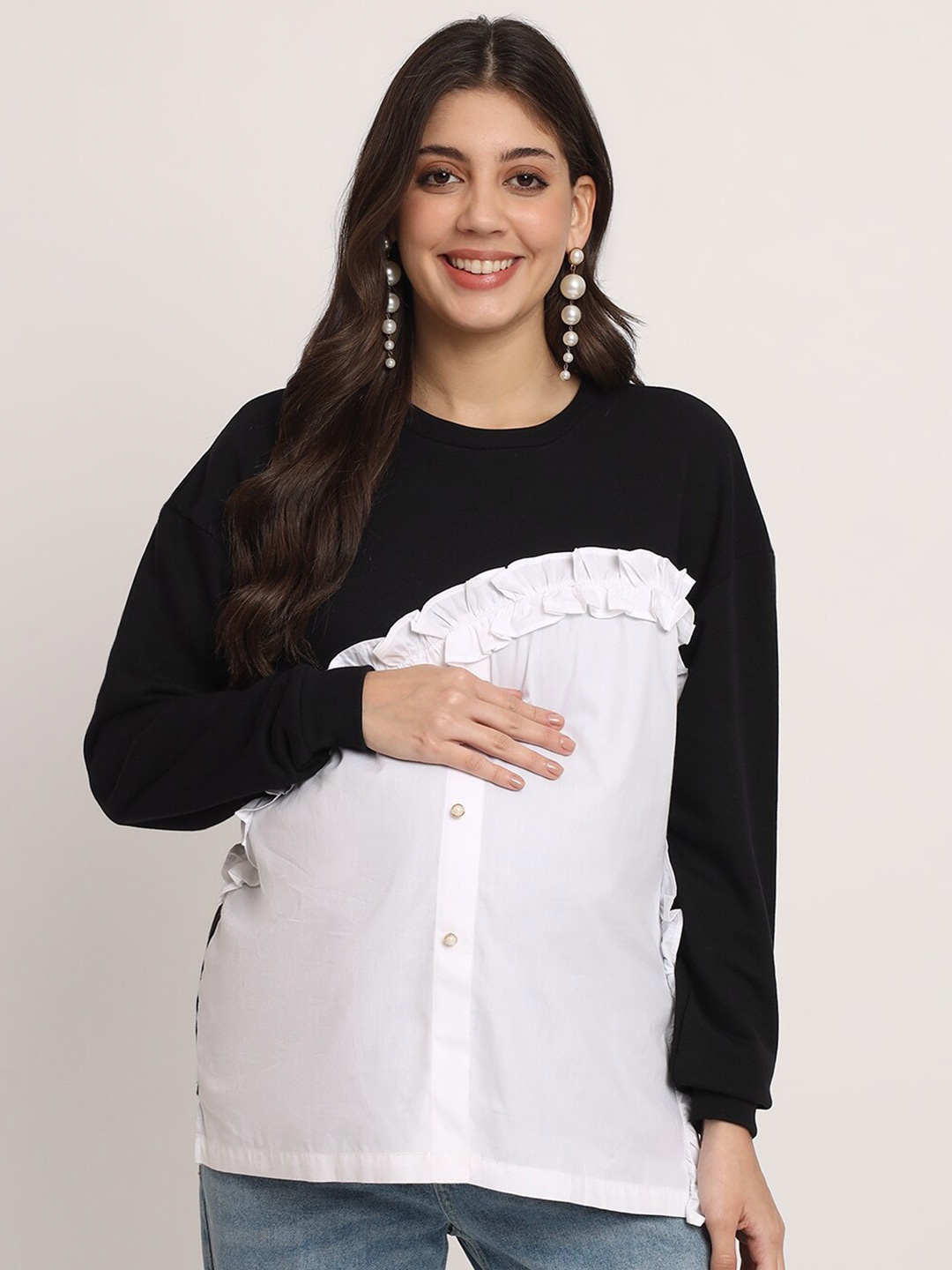

angloindu Colourblocked Ruffles Cotton Maternity Shirt Style Top, White